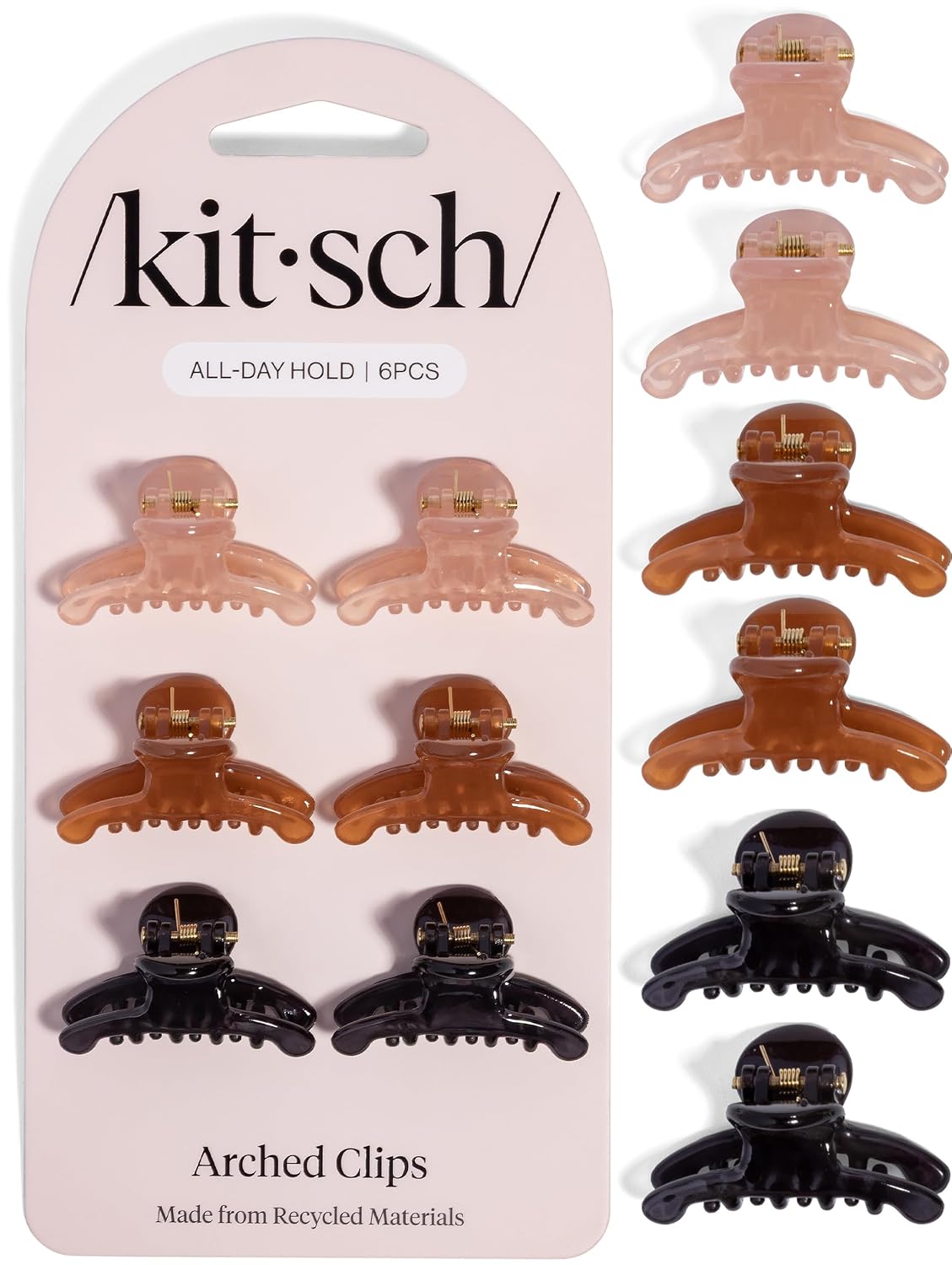 Kitsch Arched Small Hair Clips - Glossy Soft Pink Mocha Black, 6pc Set