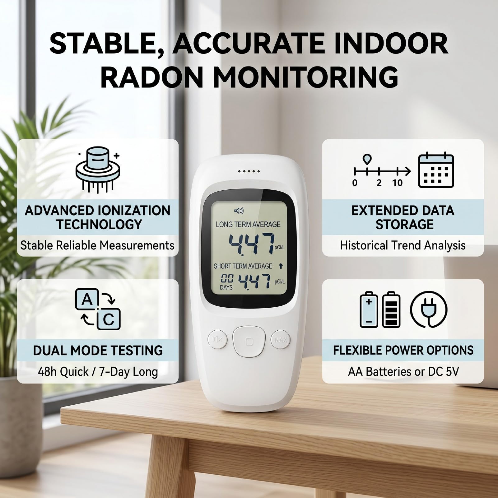 Rilevatore Portatile di Radon, Monitor Digitale 0-270 PCi/L con Sensore a Ioni per Casa Seminterrato Ufficio