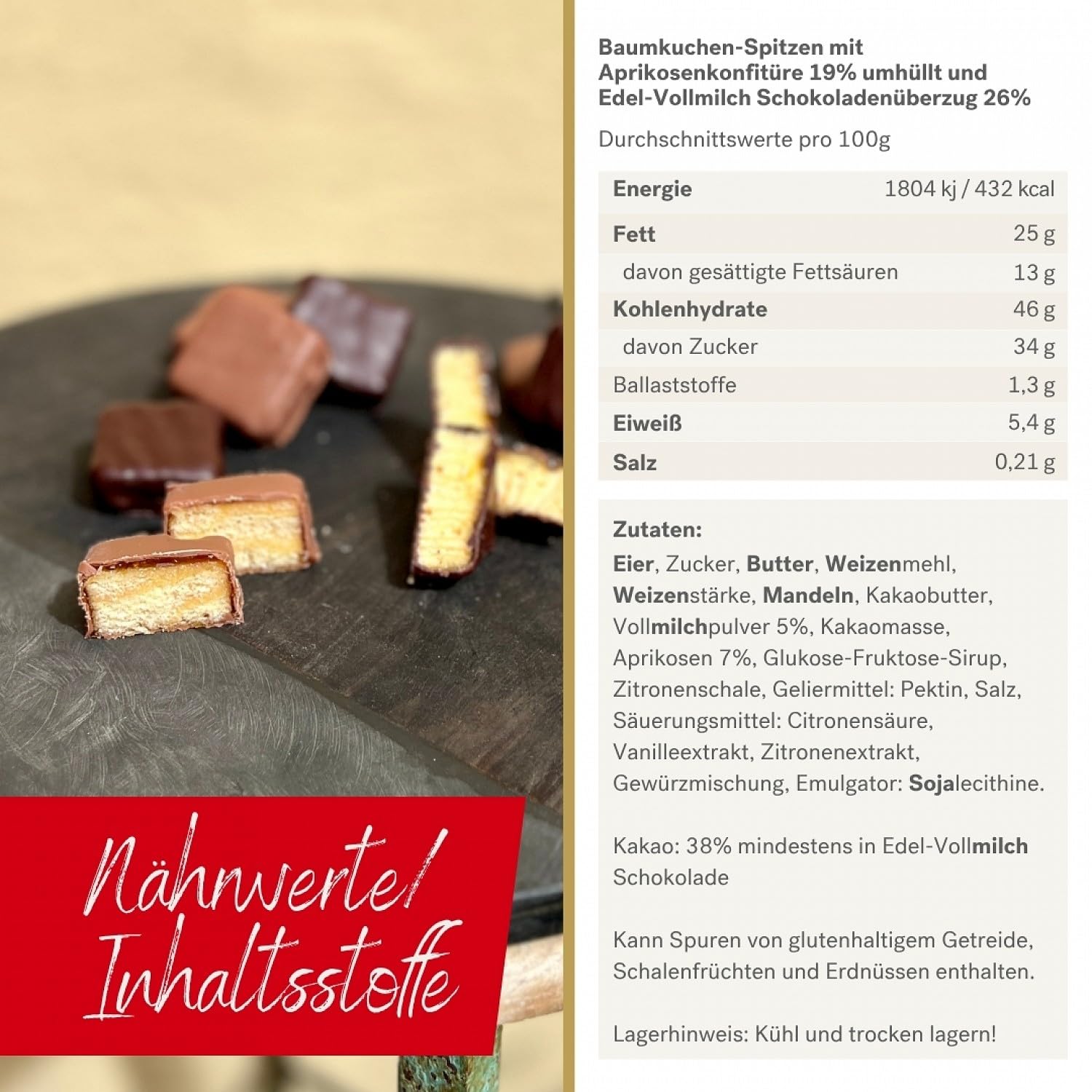 Krönner Baumkuchenspitzen 350 g Dose Edel-Vollmilch – Handgefertigtes Frischeprodukt mit Aprikosenmarmelade – Baumkuchen ohne Zusatzstoffe – Edles Konditor-Gebäck und Geschenkidee