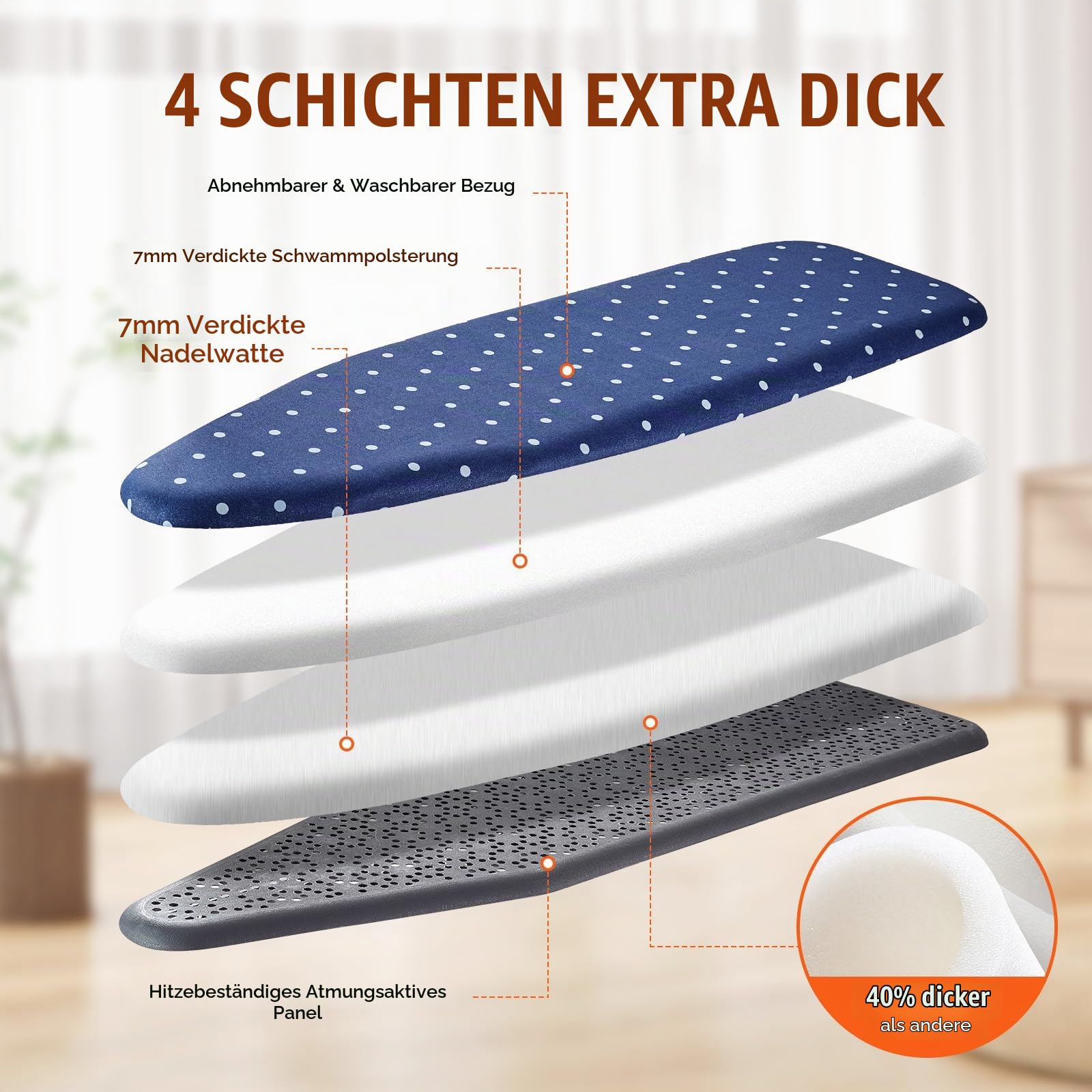 VEVOR Bügelbrett Dampfbügelbrett Dampfbügeltisch mit Bügeleisenablage, 4 Schichten Klappbarer Bügeltisch 1400 x 370 mm Bügelfläche, 10 Höhenverstellbar 640–970 mm 30 kg Belastbar Blau Bügeln