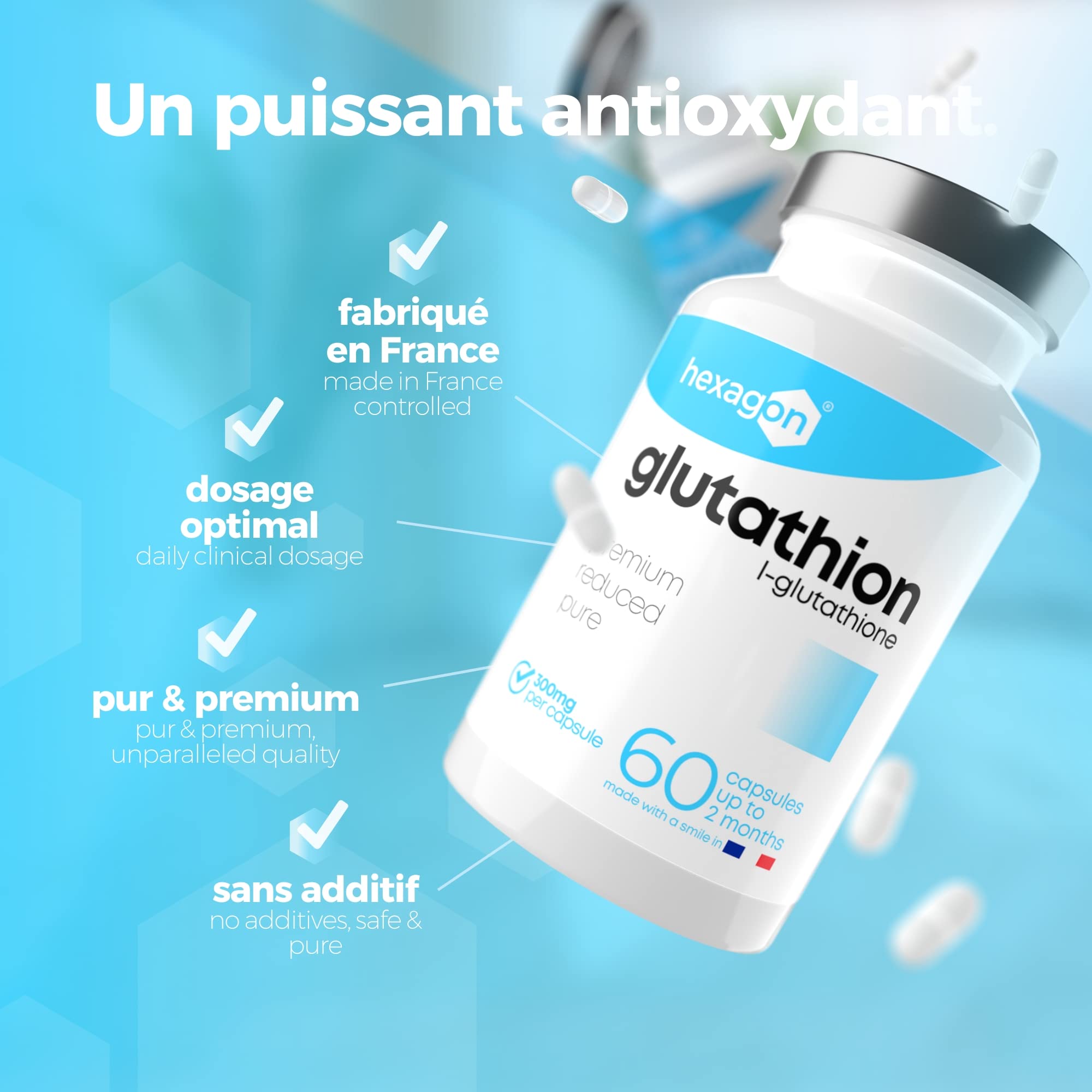 glutathione france Glutathione 300 mg – 2 Months Care – Strong, Reduced & Active – L- Glutathione, Purifies the Skin – Antioxidant and Detoxifying – 60 Vegetable  Capsules – Vegan – Made in France Hexagon : Amazon.ie