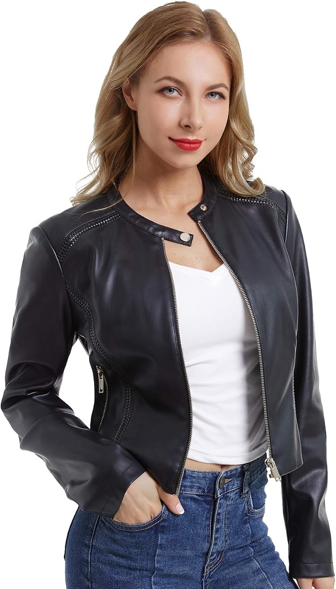 DIASHINY Faux Leather Jacket Women Cropped Motorcycle Biker Outwear