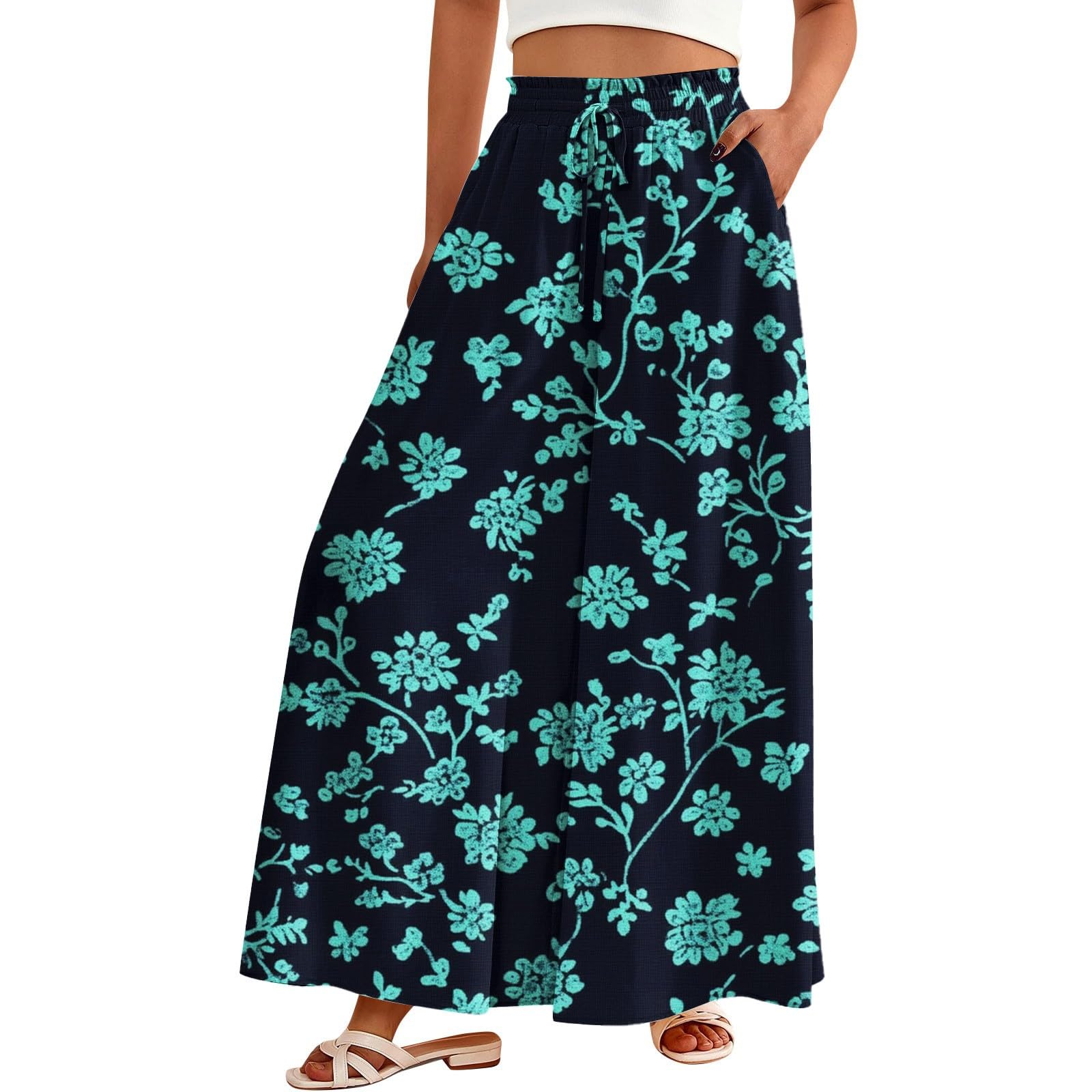 Wide Leg Pants Woman Palazzo Floral Dress Pants Flowy High Waisted Summer 2025 Beach Boho Trousers with Pockets