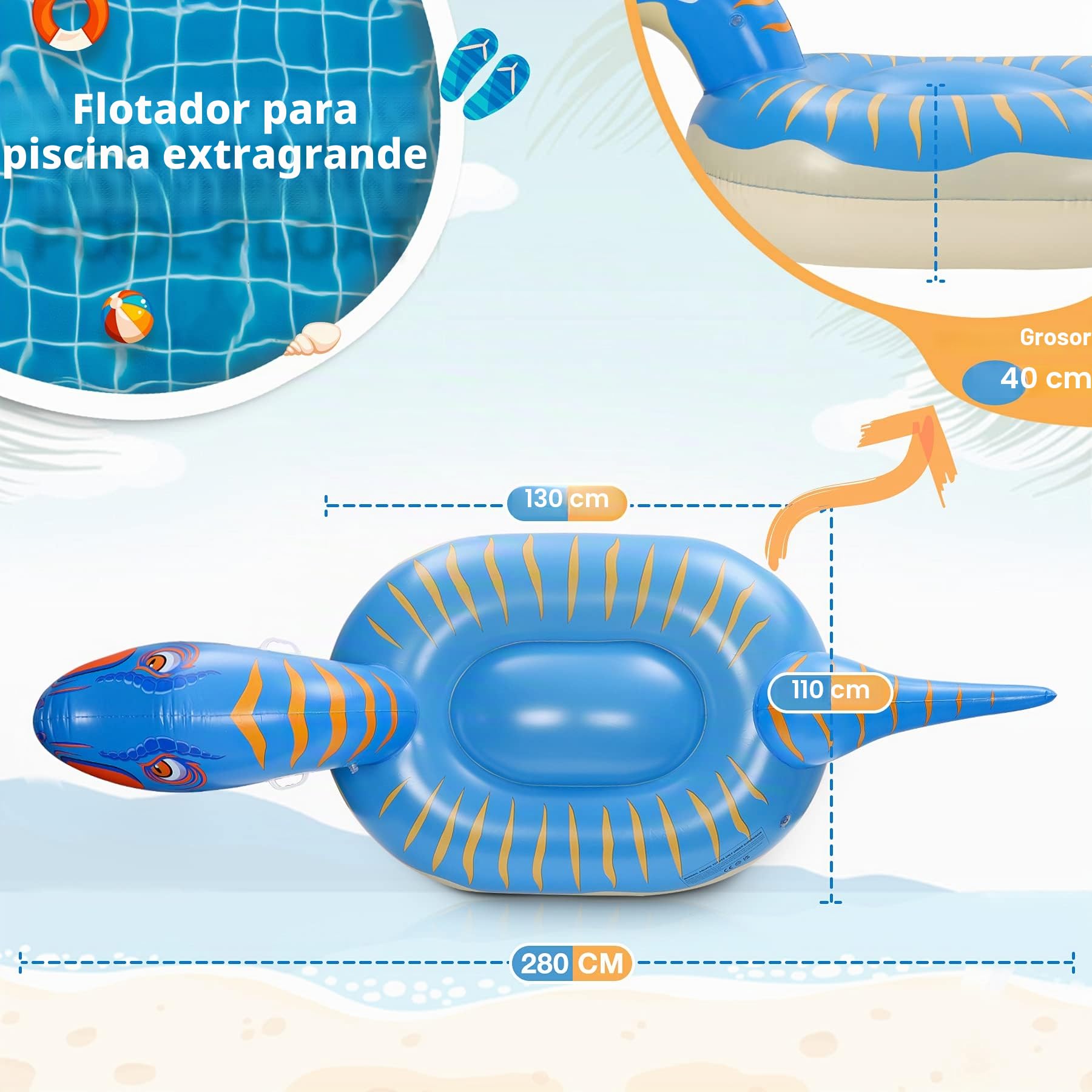 Flotador de Piscina Dinosauria, Colchoneta Hinchable, Flotador Gigante, con 2 Agujeros Inflables y 1 Pegatina de Parche, Piscina Playa, Verano para Adultos & niños (275×115×100cm)