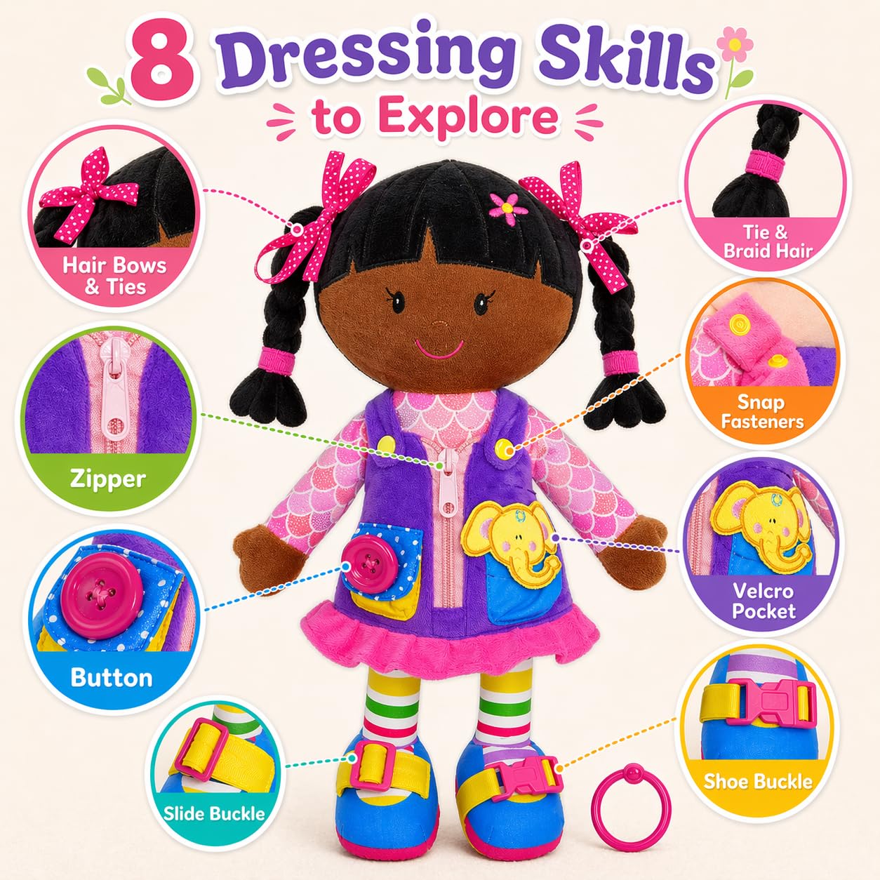 June Garden 39,9 cm (15,5 Zoll) Dressy Friends Scarlett - Pädagogische Plüschpuppe für Jungen und Mädchen ab 2 Jahren, weiches Spielzeug mit Montessori-Schnallen