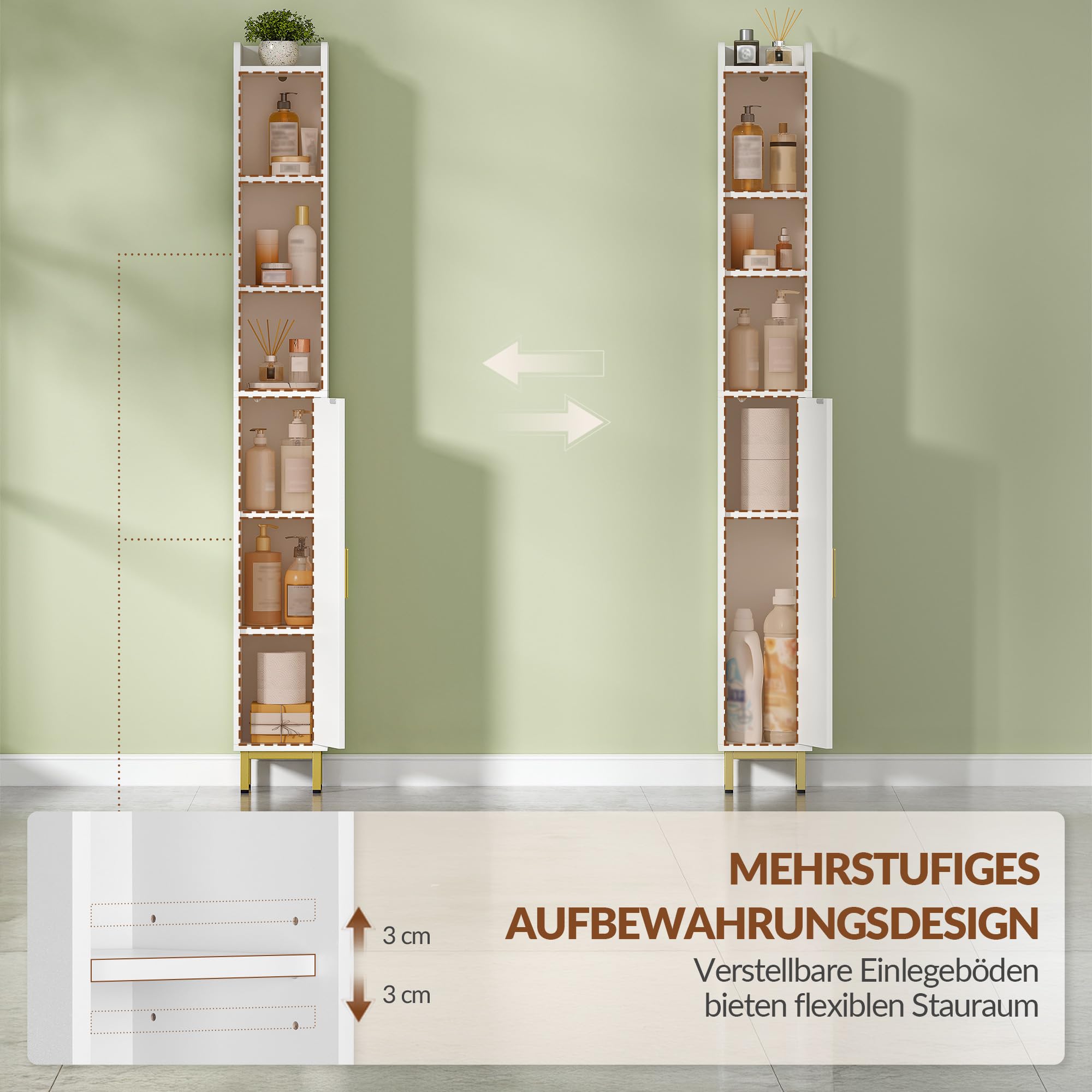 Badezimmerschrank Badschrank, 20 x 20 x 168 cm, Weiß und Gold