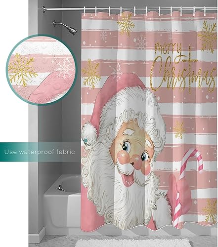 Vista 4 de Cortina de ducha de Navidad, diseño de copos de nieve dorados, impermeable, tela de poliéster de Navidad, decoración de baño de rayas rosas