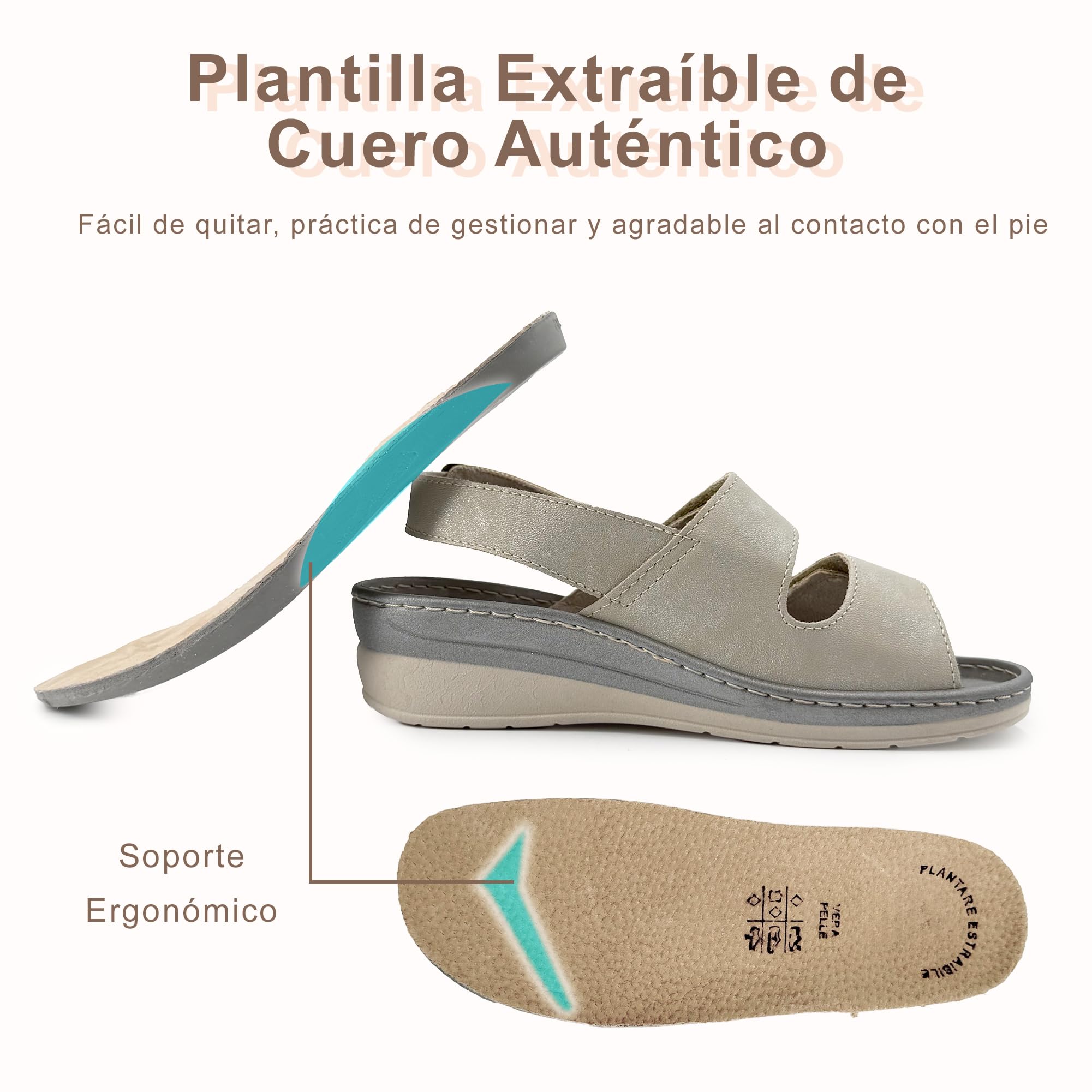 JOMIX Sandalias Ortopédicas Mujer Cómodas con Tiras Ajustables y Hebilla Regulable Cuña Ergonómica Anatómica Plantilla Extraíble de Piel Zapatillas de Verano para Mayor y Pies Sensibles