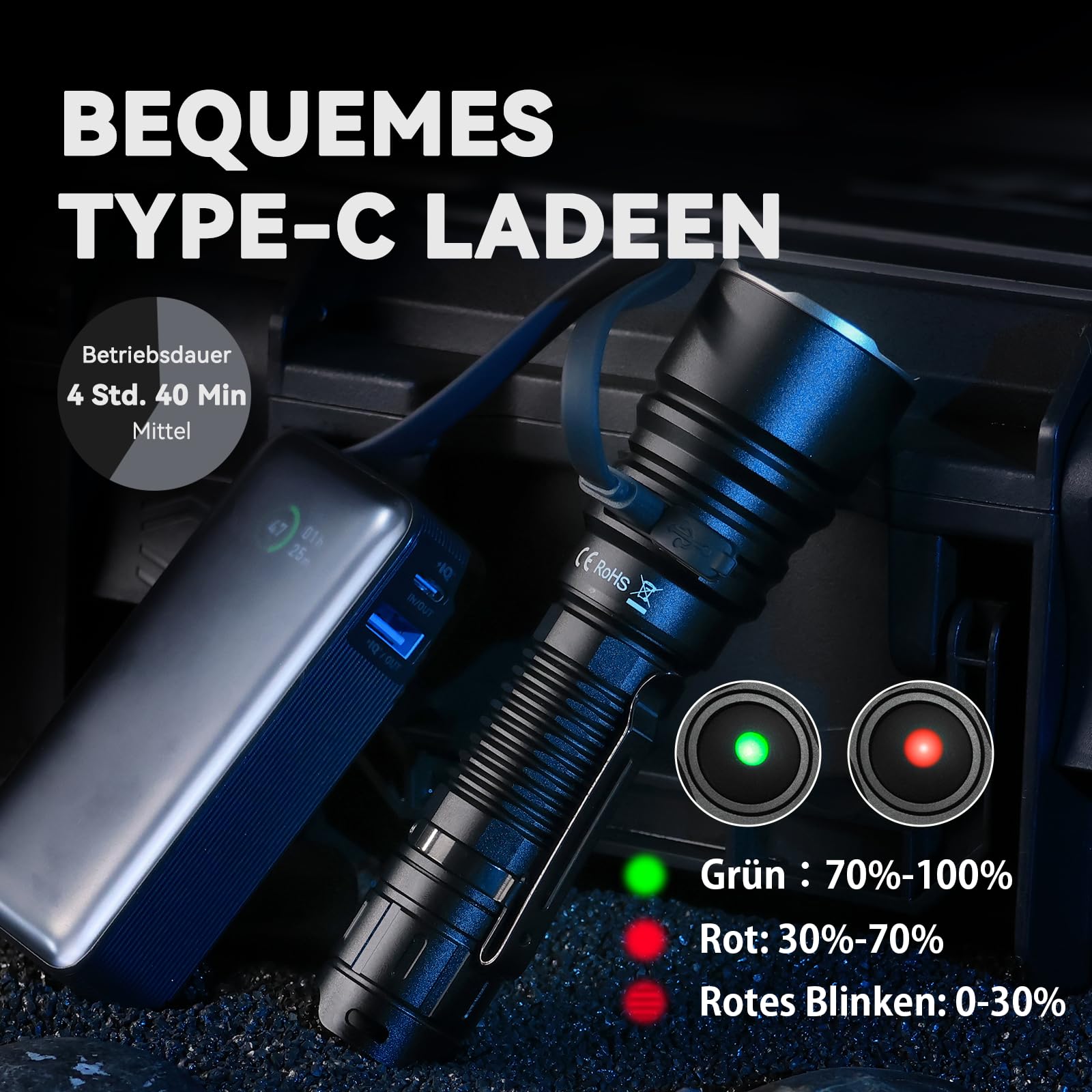 CSTEBOKE Sofirn SK40 Taktische Taschenlampe LED 3200lm, 580m, IPX8 | 3200 Lumen, 580m Reichweite, Doppelknopf, 6000K, Type-C Ladung, IPX8 Wasserschutz, Taktik, Rettung, Camping, Abenteuer