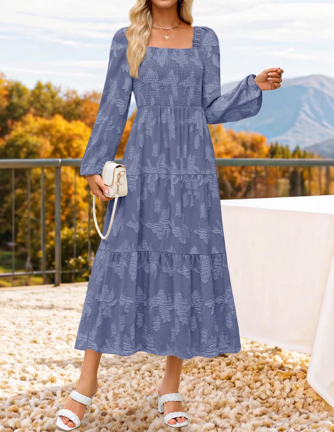 ZESICA Women's 2026 Spring Floral Midi Dress Long Sleeve Smocked Flowy Long Wedding Guest Vacation Dresses - Image 2