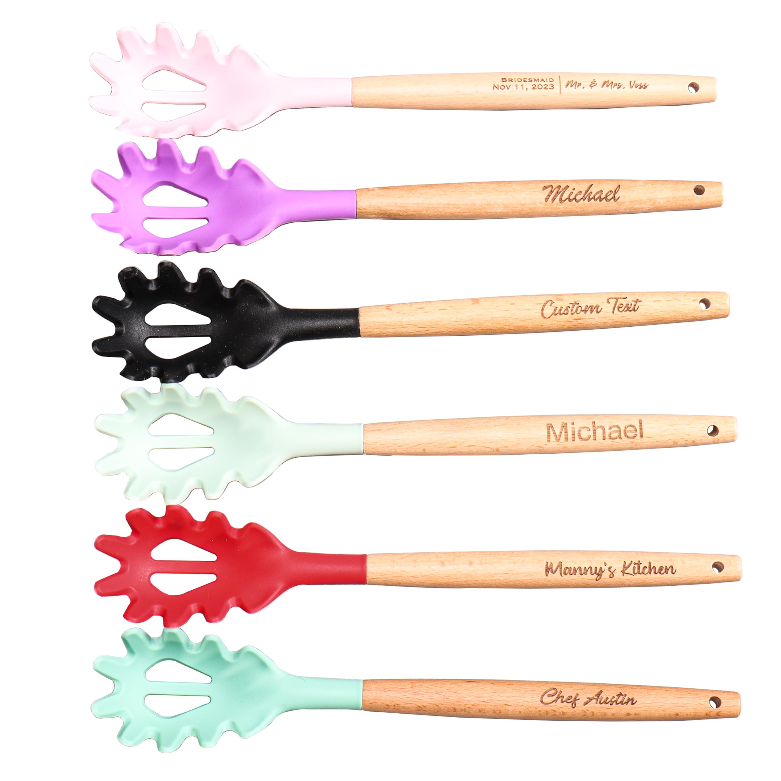 Personalized Pasta Fork Silicone Engraved Wooden Handle with Your Text, Wedding Favors Bachelorette Custom Spaghetti Strainer Noodle Server Spoon Chef Gift First Home Mother's Day Baby Shower