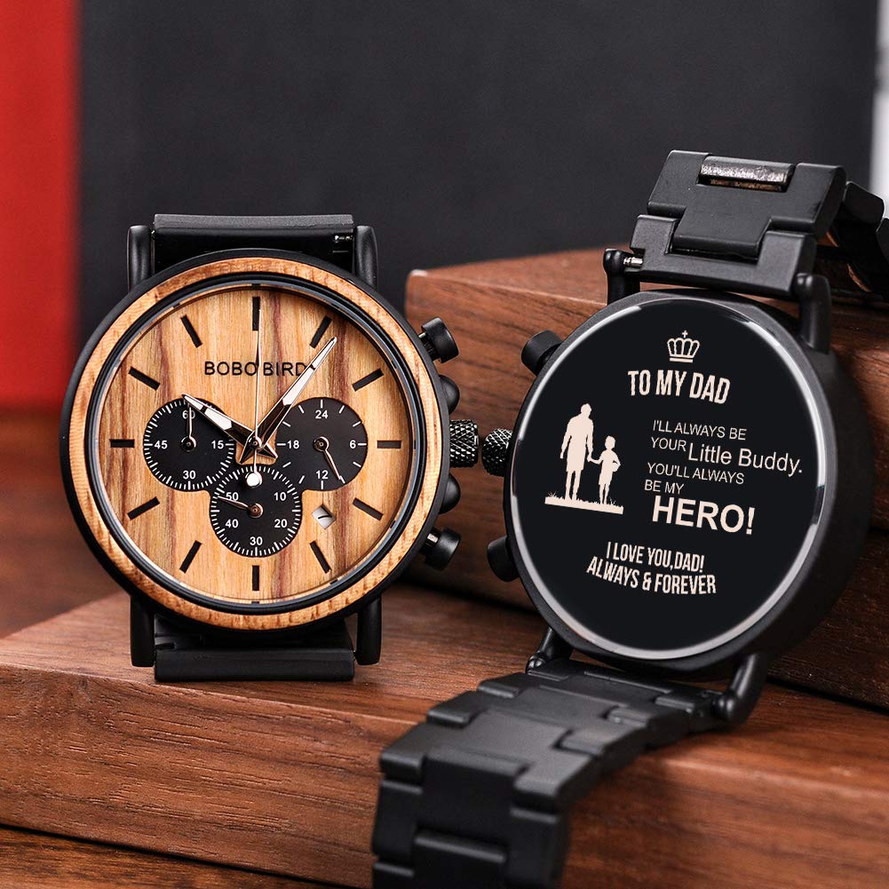 BOBO BIRD - Orologio da polso da uomo, con incisione personalizzata, in legno e acciaio inox, stile casual, al quarzo, da uomo, famiglia e amici B-For Dad From Fon