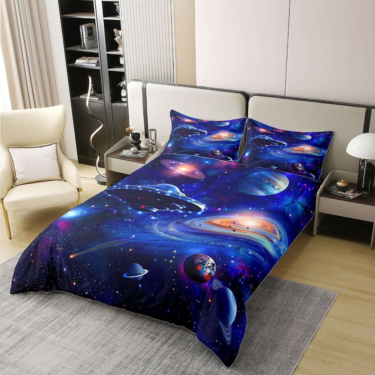 Condition photo showing New/Like New for jejeloiu solar system bedding cotton duvet cover set kids outer space duvet cover 100% cotton twin size universe planets comforter cover set for galaxy purple bedspread cover