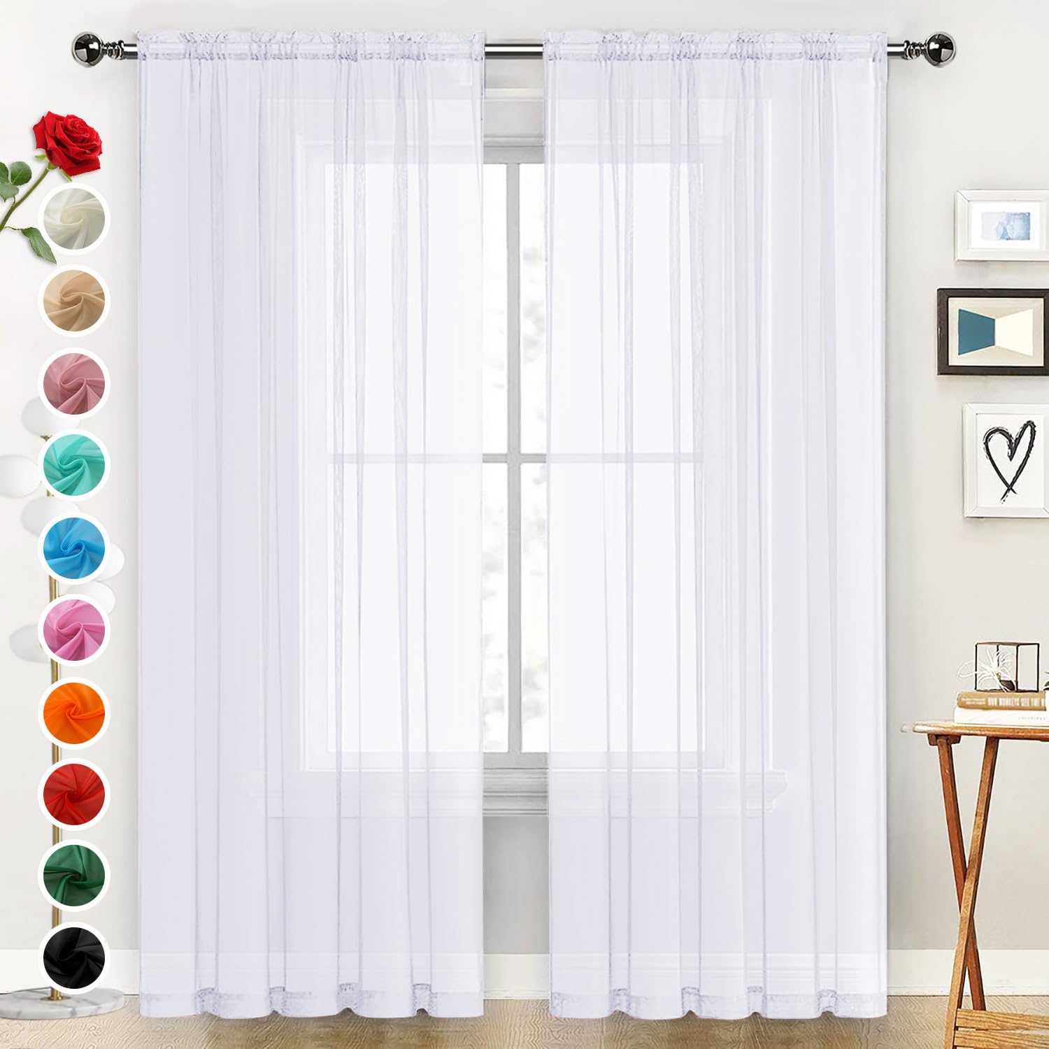SpaceDresser Sheer Window Treatment Rod Pocket Curtain Panels for Kitchen Bedroom Living Room Drapes Sunlight Filtering Privacy Semi Home Decor Assorted Colors Sizes (Optical White, 52 W x 108 L) — image 1