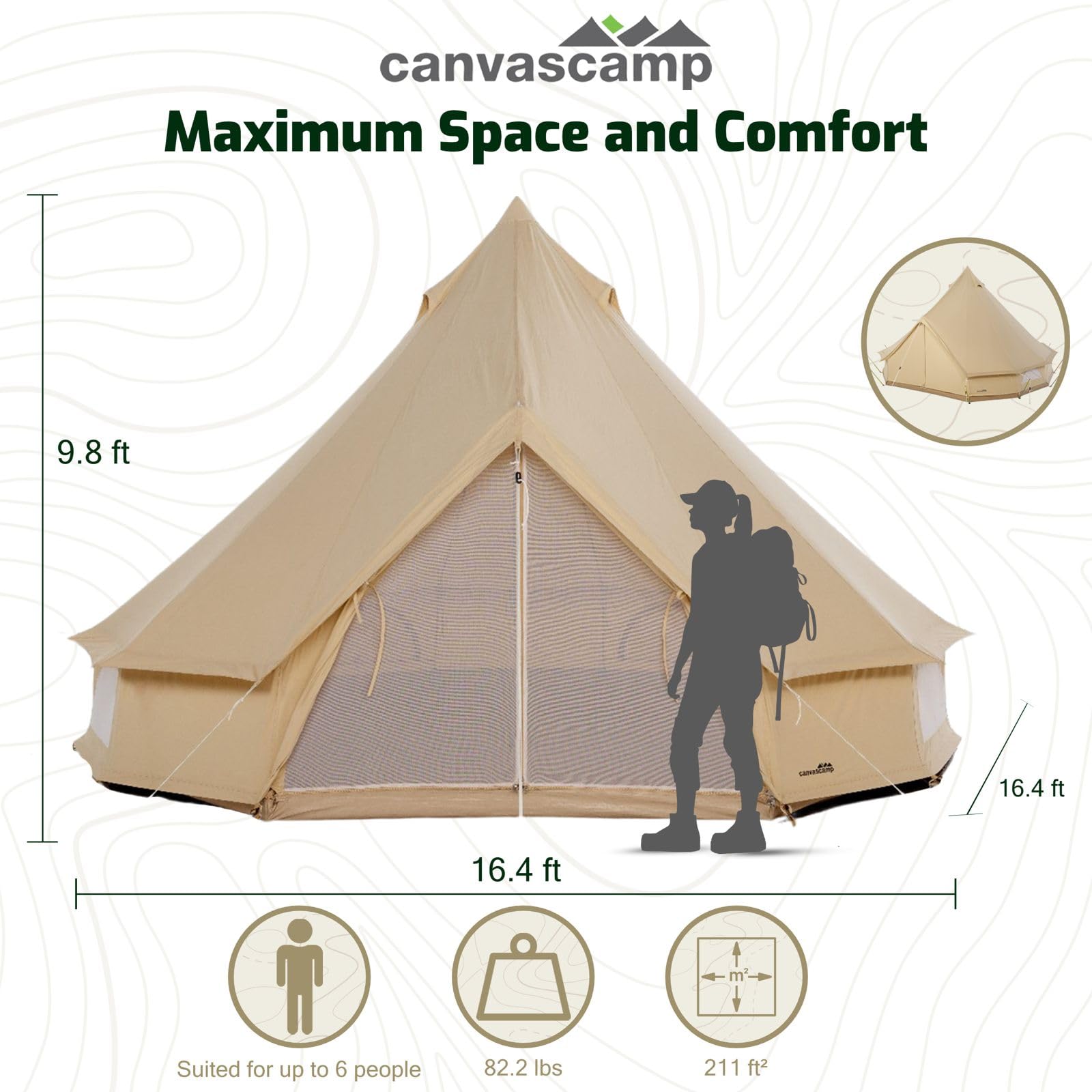 Sibley Bell 500 namiot dla 2-8 osób, glamping i festiwal tipi, z ochroną przed komarami i zdejmowanym dnem, luksusowy namiot rodzinny, namiot kempingowy, wodoszczelny, bawełniany
