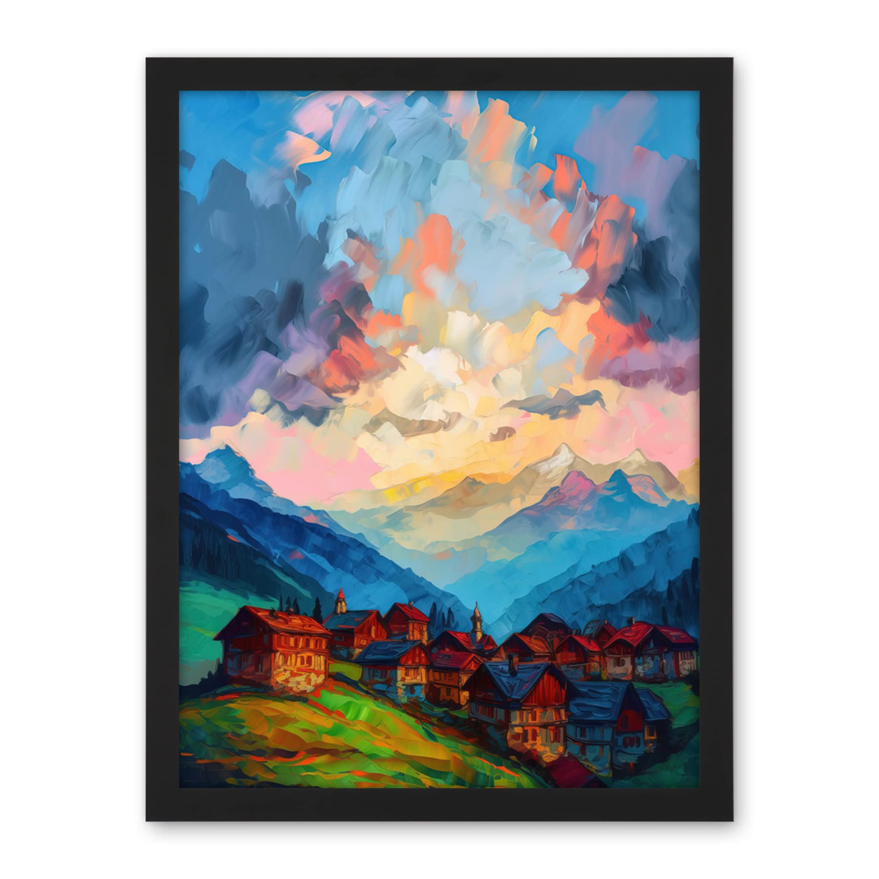 Artery8 Atmospheric Clouds at Dawn Over Small Village Houses in the Alps Modern Watercolour Painting Artwork Framed Wall Art Print 18X24 Inch