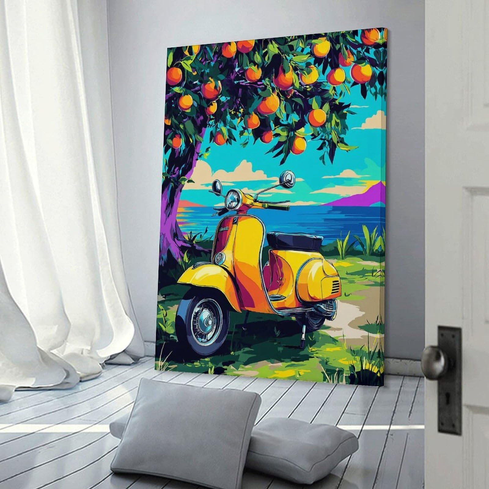Junmoney Vibrant Scooter by The Fruit Tree Wall Decor Canvas Print, 08x12inch(20x30cm), for Wall Displays, Bedrooms Or Room Updates, Wall Decor Suited to Curated Displays