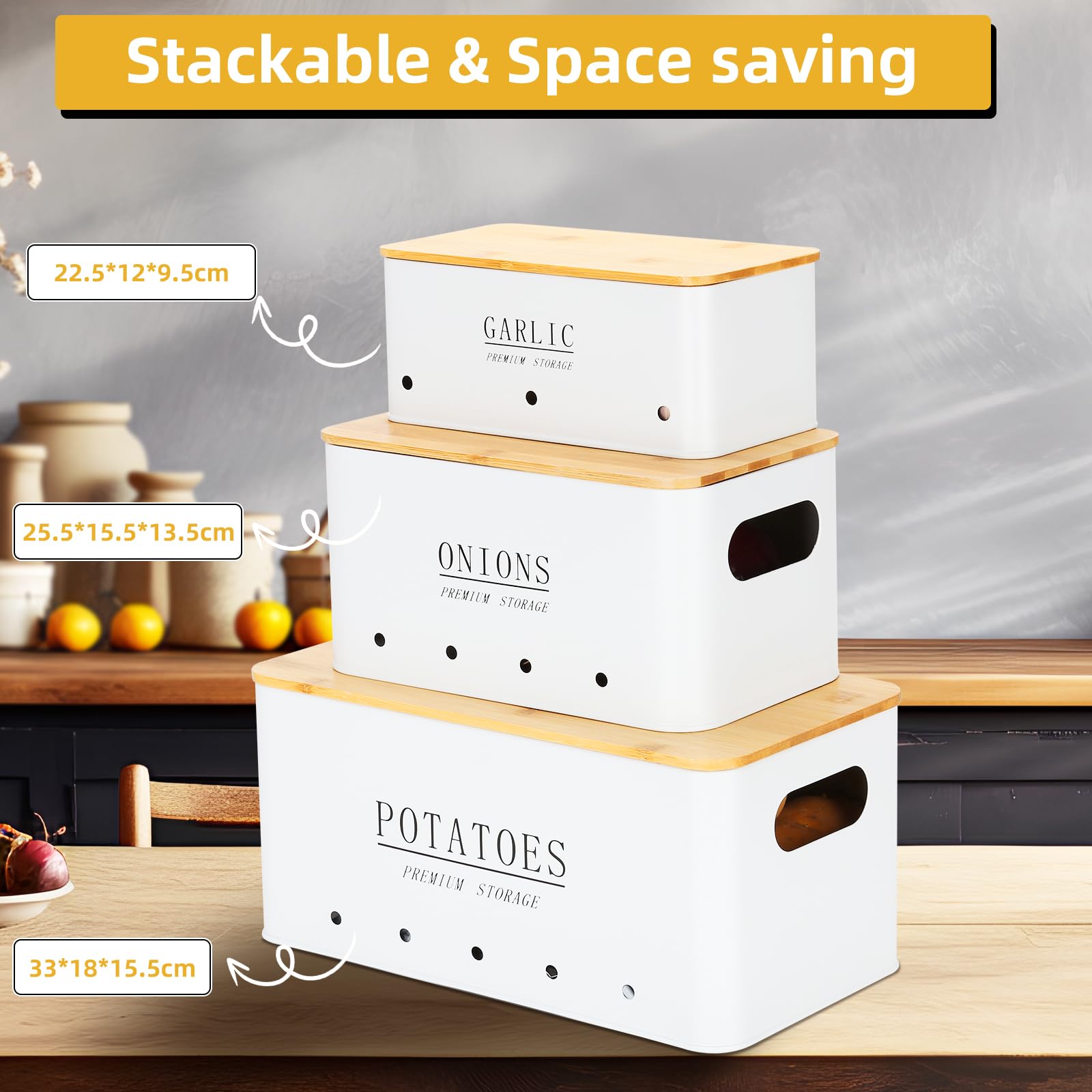 Caja Para Guardar Patatas - [Juego de 3] Tarros de Patatas Tarro de Cebolla Tarro de ajo - Almacenamiento Cocina con Tapa de bambú y Orificios de Ventilación - Blanco