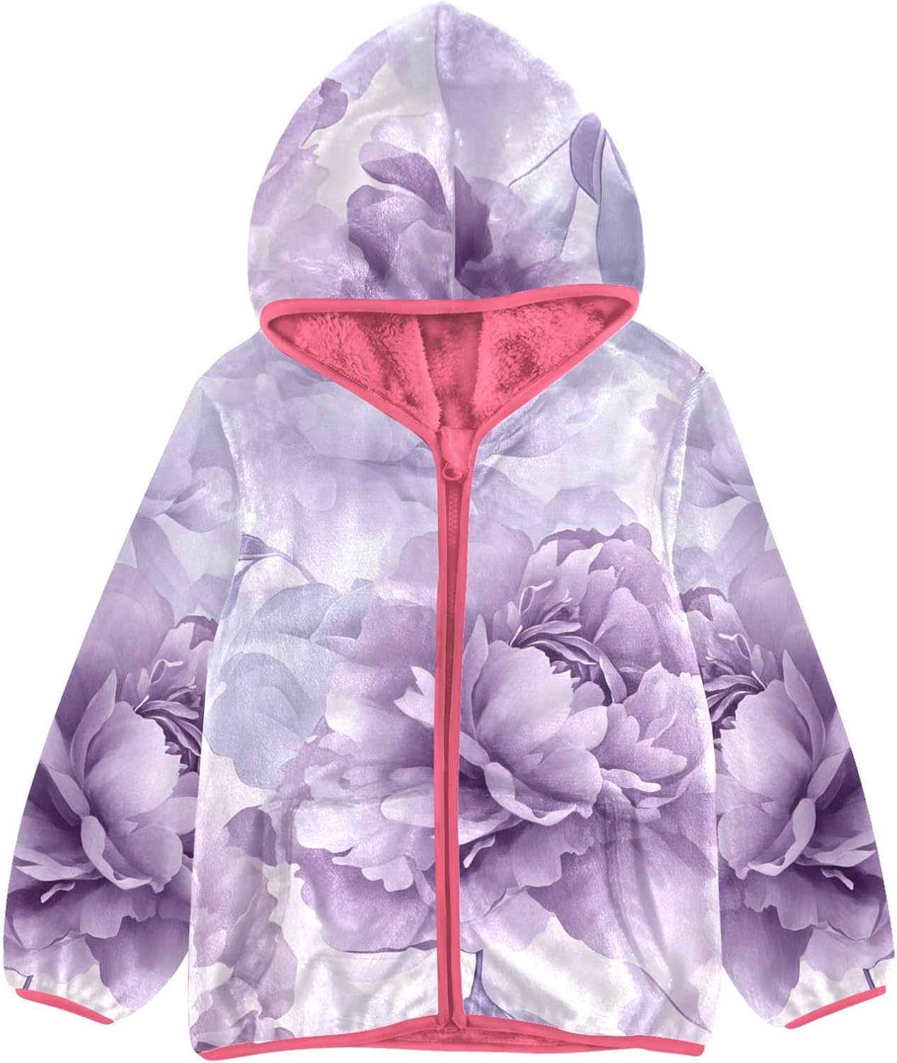 ALAZA Purple Peonies Floral Hoodie Jacket for Girls Toddler Fleece Zip Up Coat Plush Jacket for 3 Years