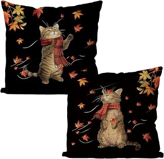 GAGEC Fall Pillow Covers Set of 2 18x18 Inch Maple Leaf Cat Pillow Covers Autumn Thanksgiving Farmhouse Outdoor Throw Pillowcase Cotton Linen Sofa Couch Cushion Case for Fall Decor