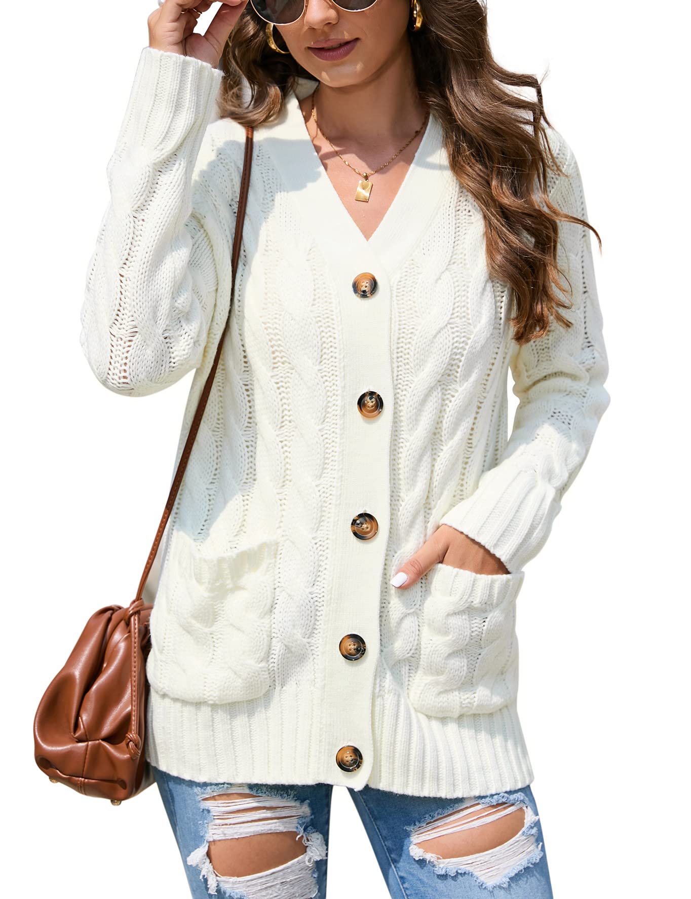 MISSKYWomen's Open Front Cardigan Sweater with Pockets Long Sleeve Cable Knit Button Loose Cardigan Sweater Outwear