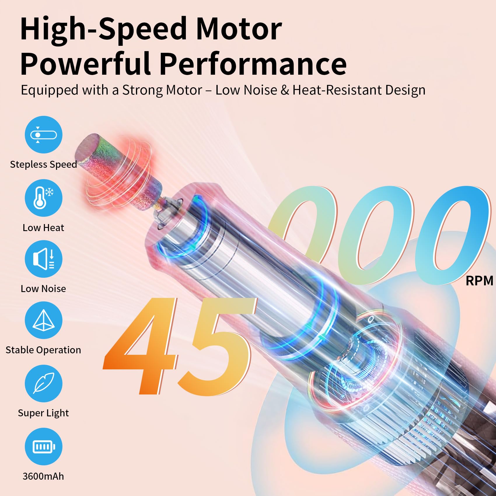 Electric Nail Drill Machine 45,000RPM - Professional Electric and Rechargeable Nail Drill with LCD Display, 6 Bits and 30 Sanding Bands, Low Heat Quiet E-File for Acrylic Gel Nails