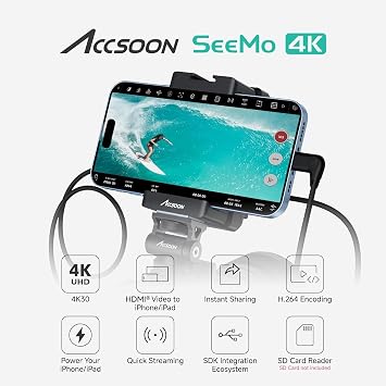 Accsoon SeeMo 4K HDMI Video Transmission System, 4K30/108060 HDMI Video Transmitter for i-Phone iPad, Real-Time Monitoring/Live Streaming/Recording/Sharing, SD Card Reader-for iOS 12 or Later