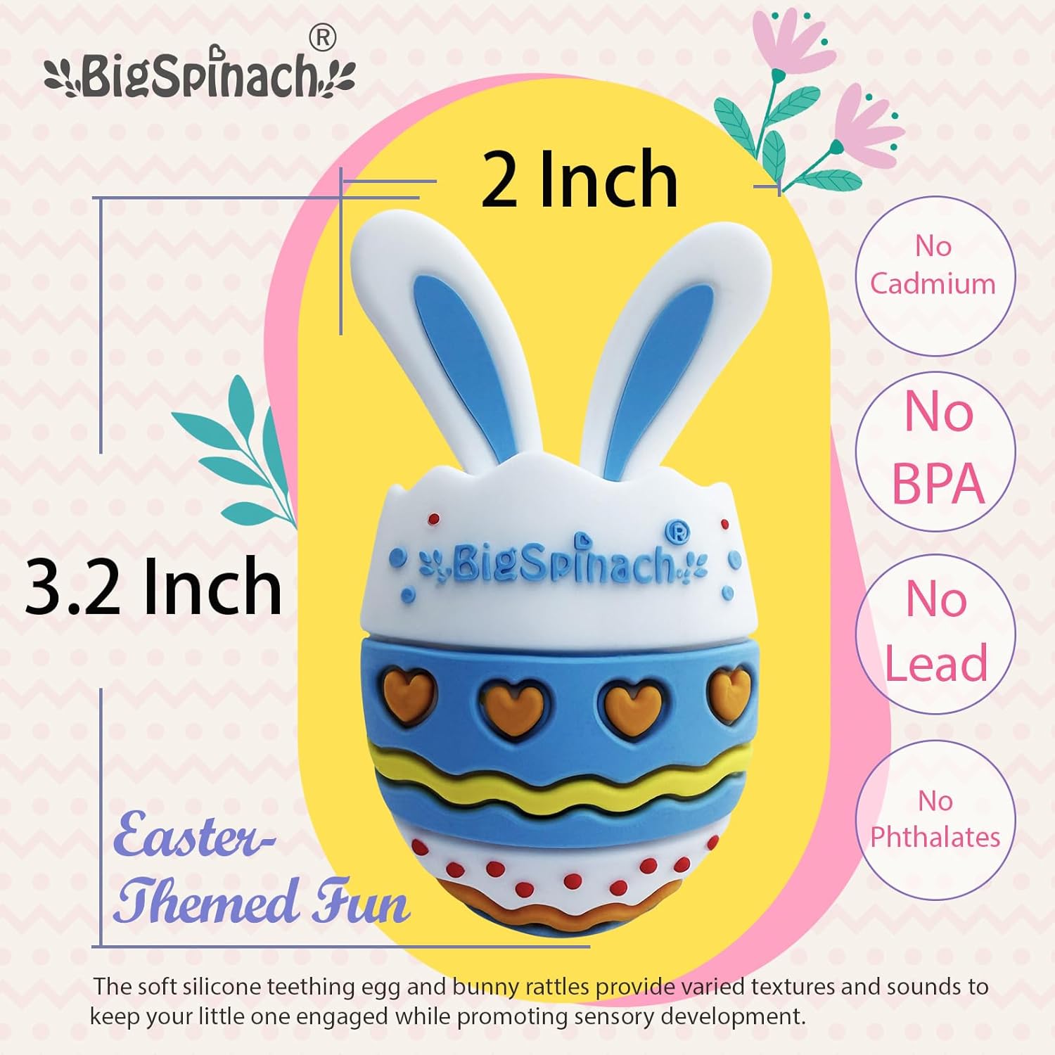 BIGSPINACH Easter Egg Baby Teether,Baby Teething Toy for Pain Relief,Silicone Bunny Rabbit Teether,Easter Gift for Babies,Sensory Toy for Boys & Girl (Blue)