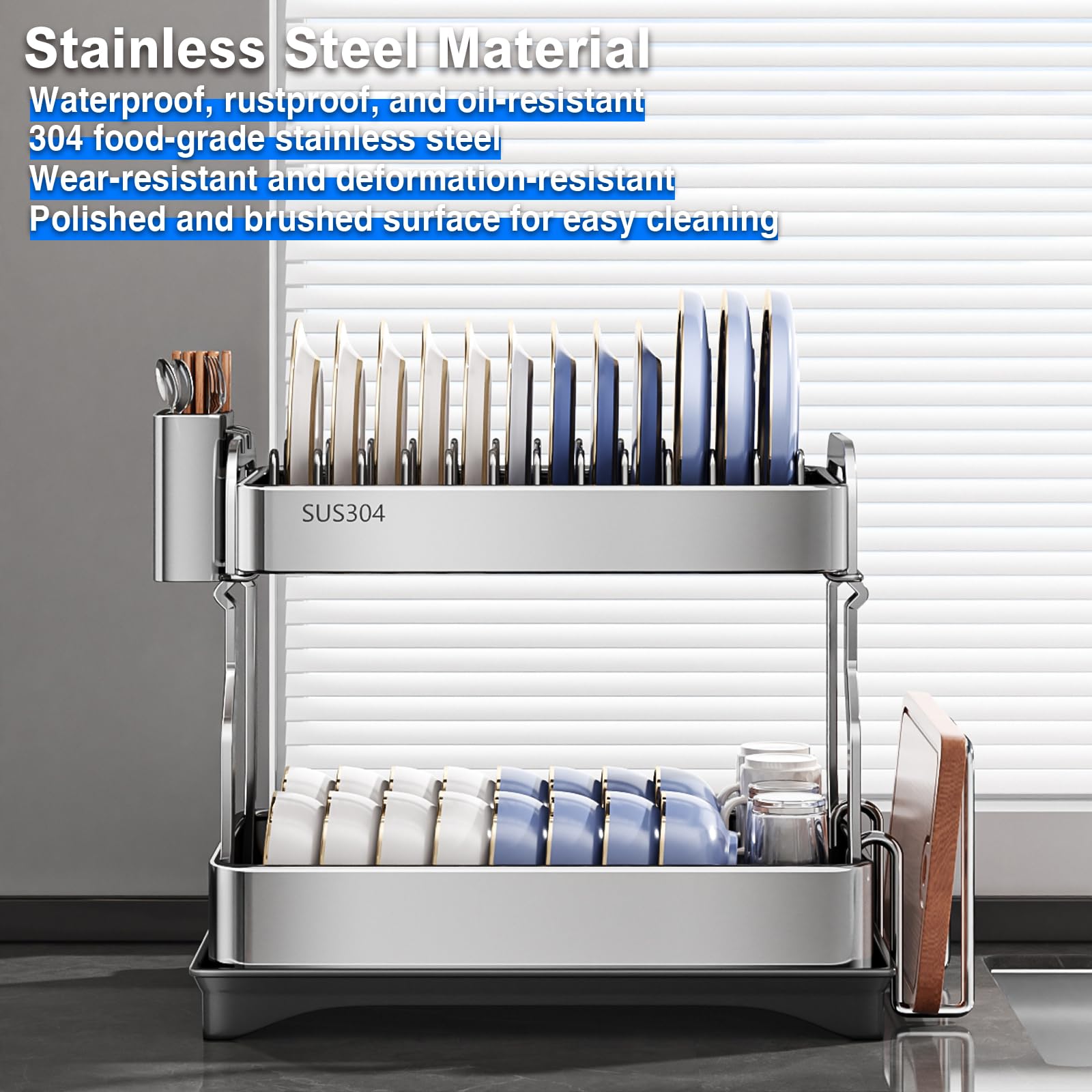 Mustorn escurreplatos, escurridor de Platos para Fregadero escurreplatos Acero Inoxidable Bandeja escurreplatos Dish Drying Rack Incluye una Cesta para Cubiertos y un Soporte para Tabla de Cortar