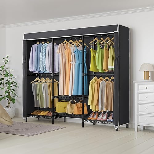 Miniatura 2 de VIPEK V3C - Armario de ropa resistente con estantes ajustables y cubierta de tela Oxford negra, organizador de almacenamiento de ropa de metal negro