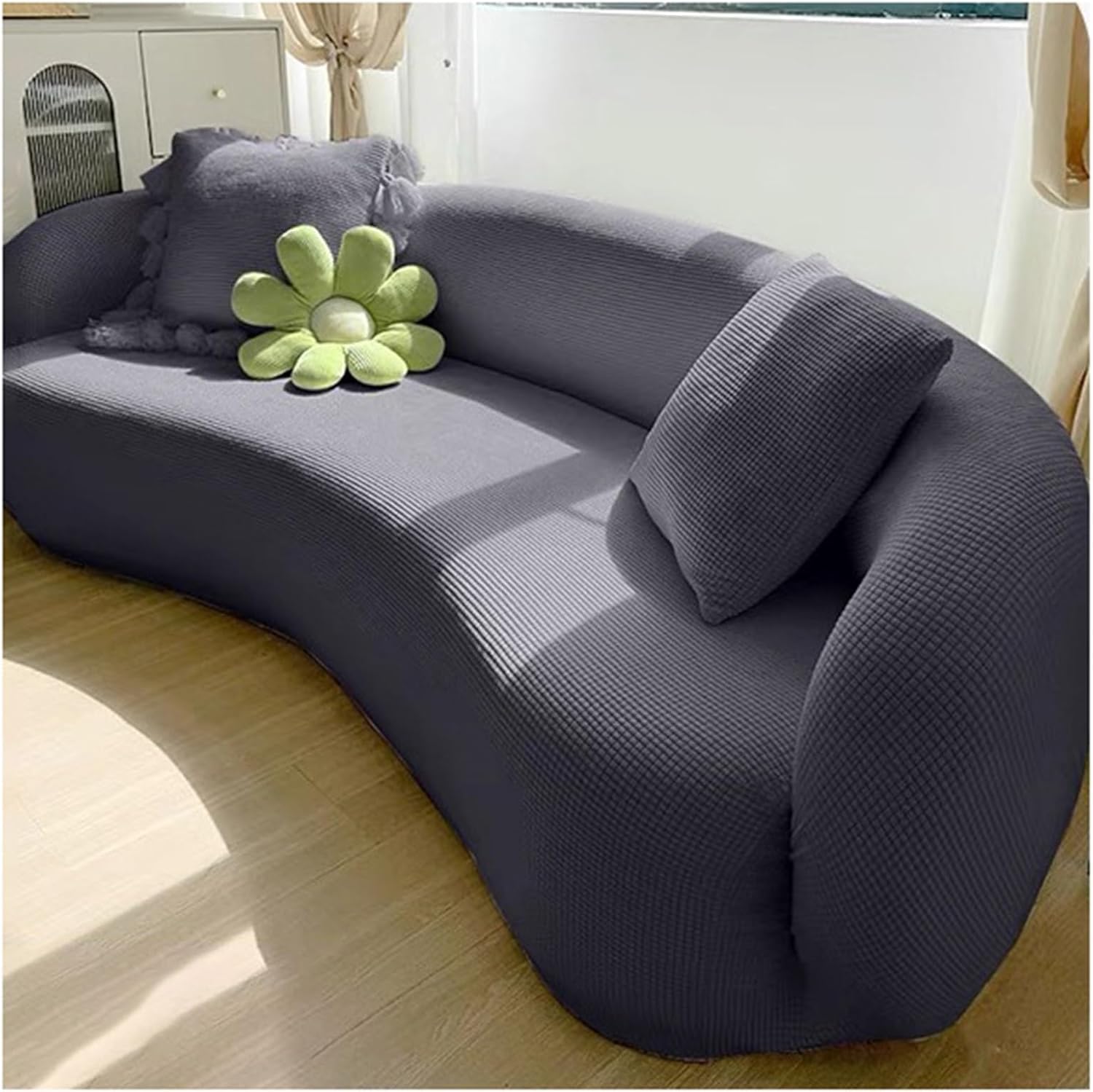 MCOSU Stretch Semi Circle Curved Couch Slipcover, Shaped Semi-Circular Curved Sofa Cover for Living Room, Washable Sectional Couch Slipcover(#3,4 seat