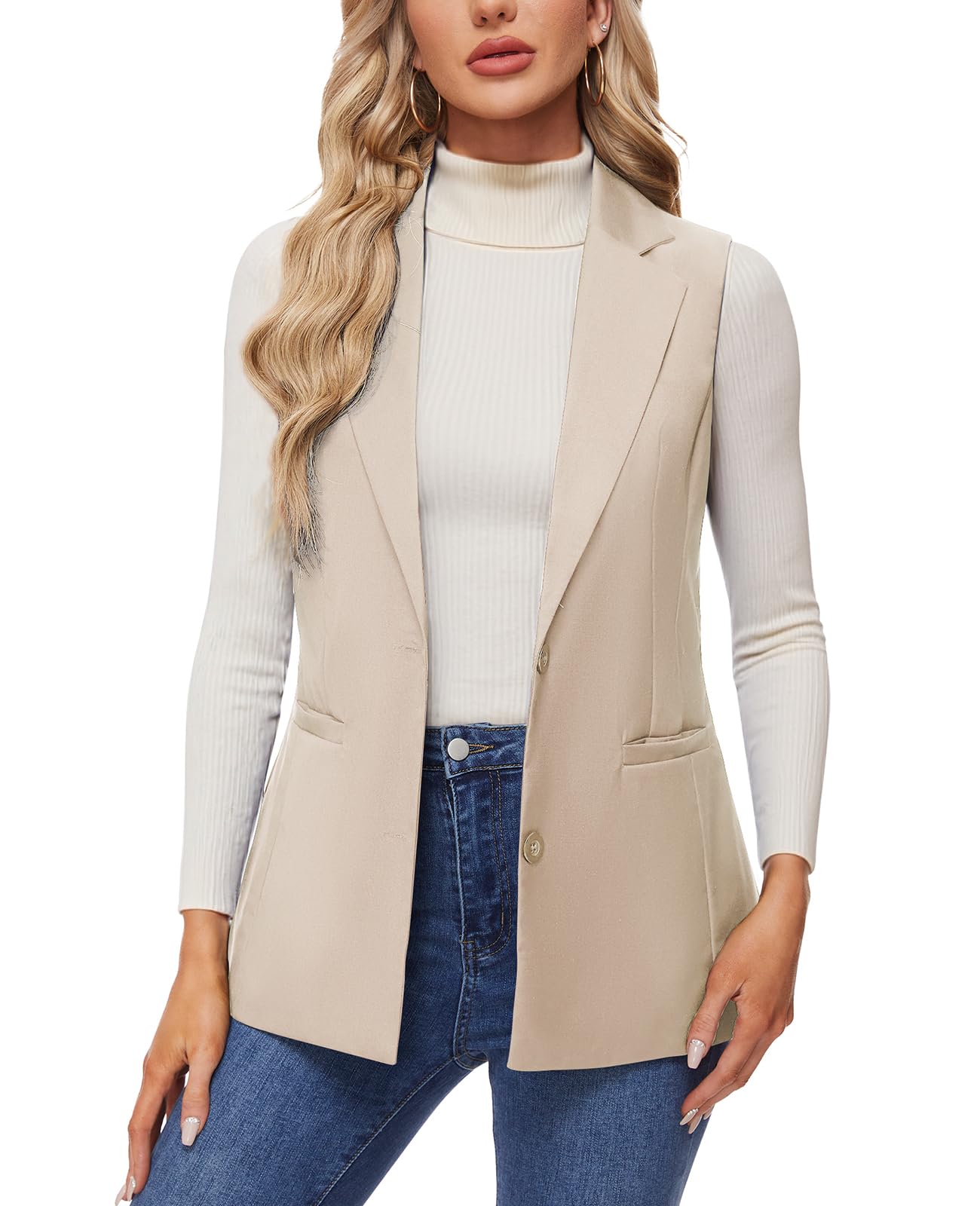 MINTLIMIT Sleeveless Vest Blazer for Women Casual Open Front Cardigan Vest Office Lapel Button Long Blazers with Pockets