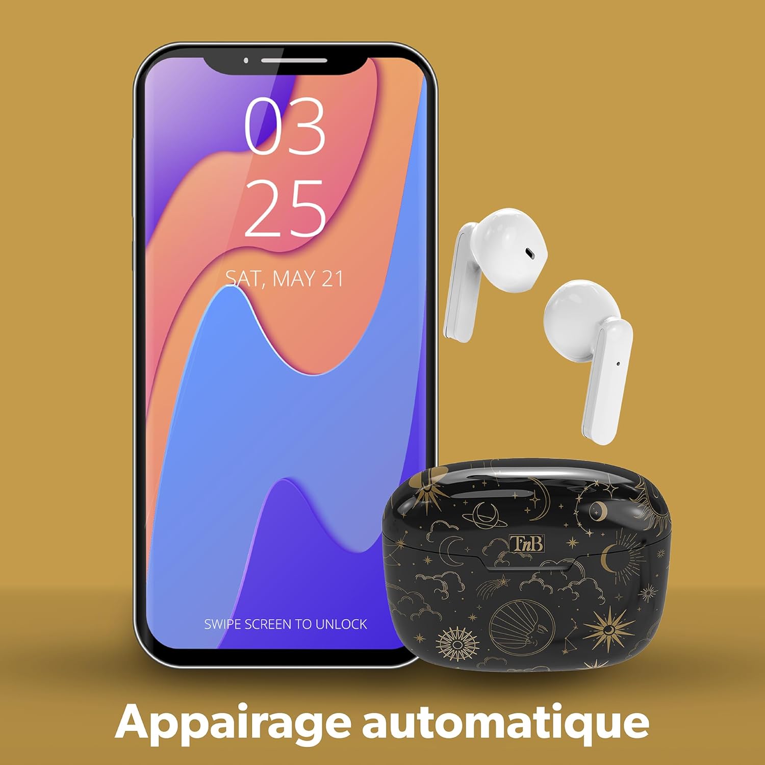 A smartphone displaying a lock screen next to the T'nB Astro charging case and earphones, with text indicating automatic pairing.