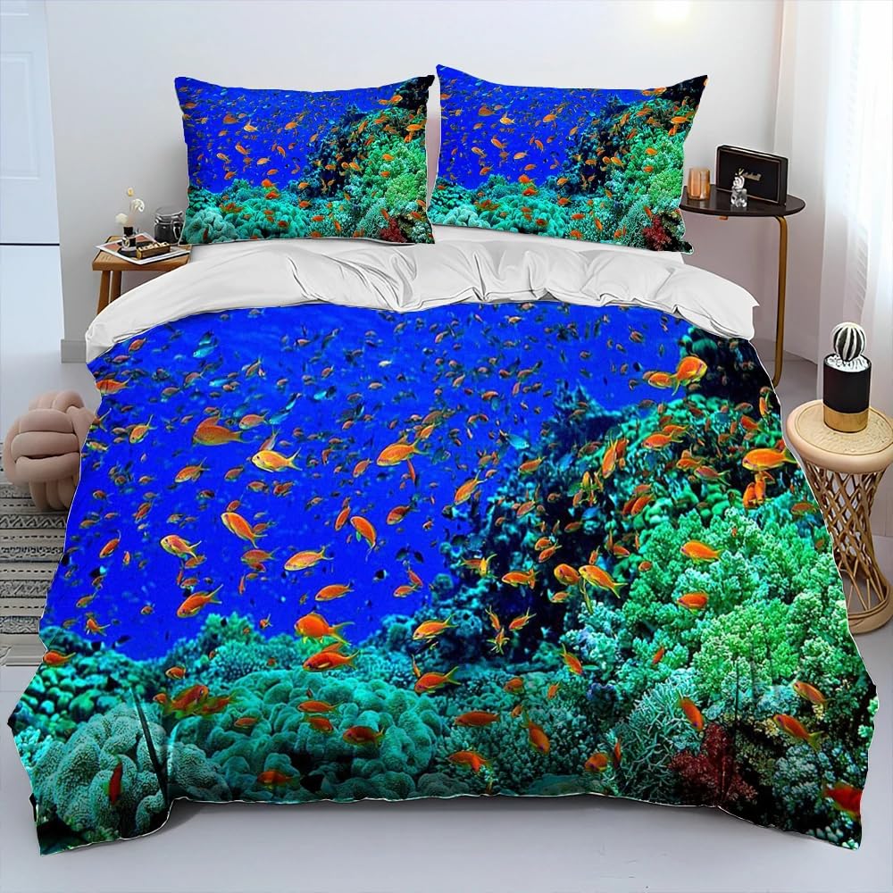 QBIDCSX King Size Duvet Cover Sets Underwater King Size Bedding Sets Patterned Bed ding 230x220 cm and 2 Pillowcases 50x75 cm with Zipper - Warm & Ultra Soft Brushed Microfiber