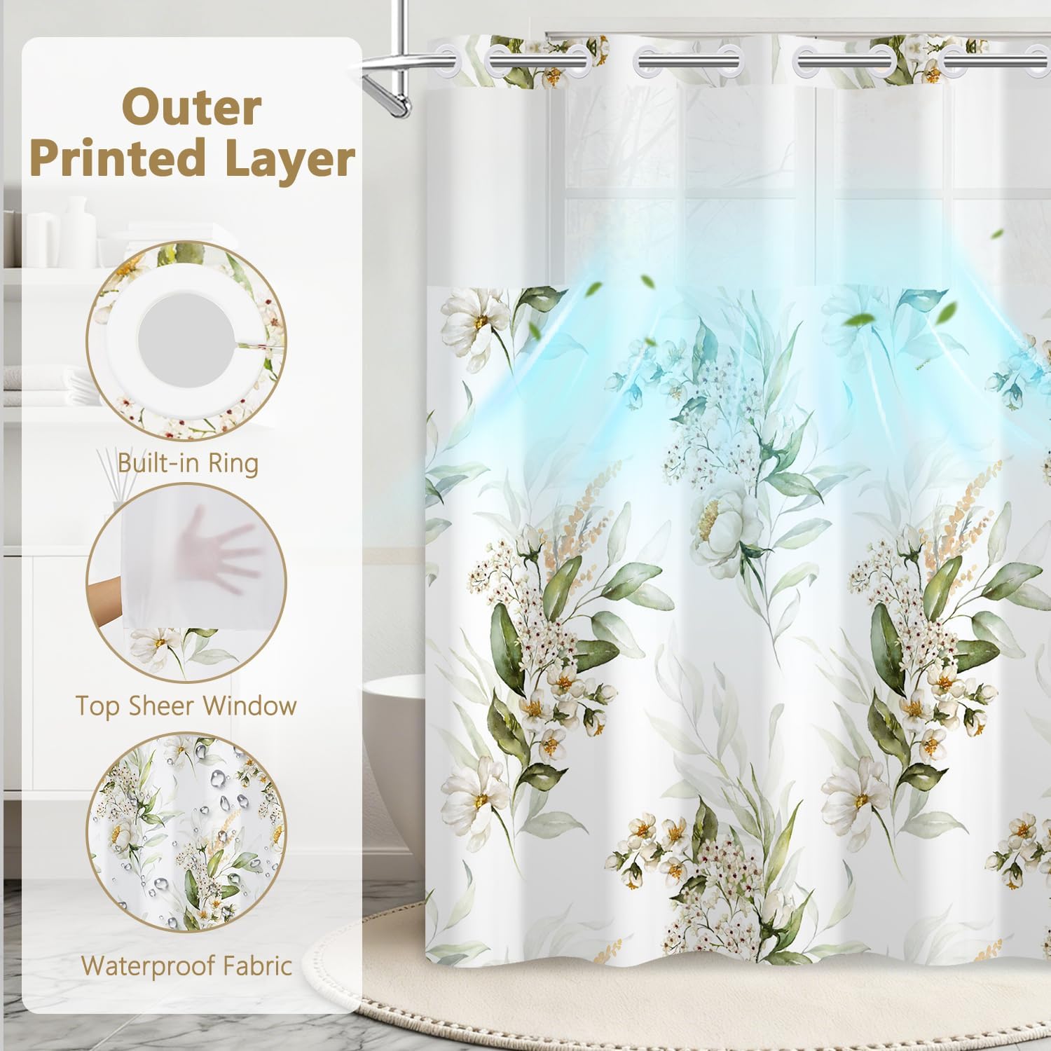 Green White Floral Shower Curtain with Snap in Liner, Double Layers Waterproof Fabric Shower Curtain with Mesh Top Window, Watercolor Flower Leaf Botanical Farmhouse Bathroom Curtains, 71x74 Inch