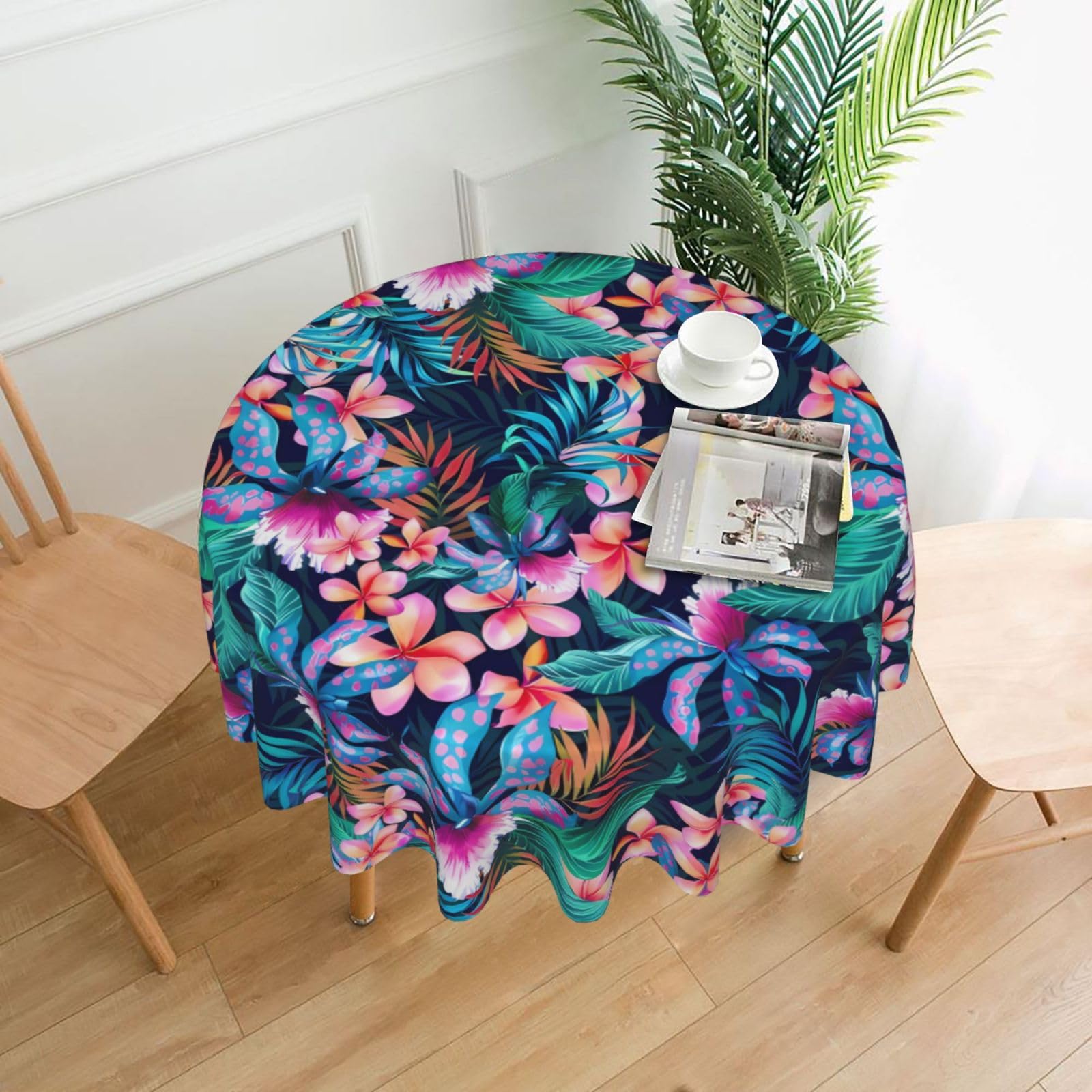 YYHWHJDE Tropical Floral Leaves Prints 60in Round Decorative Tablecloth – High-Grade Polyester Throw for Stylish Dining & Event Table Protection