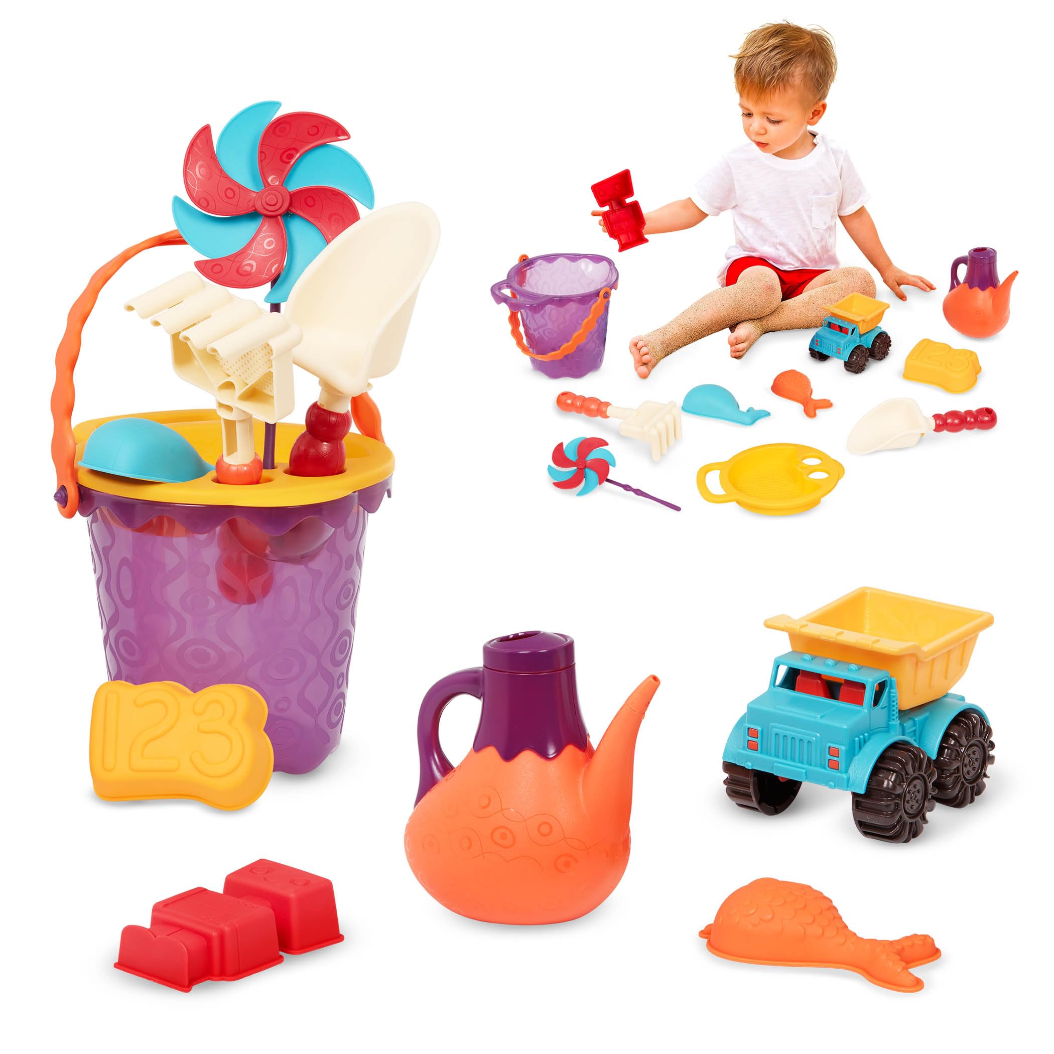 B.Ready Beach Bag/Sand Toys/Garden Toys/Tub Toys - Purple Bucket and Orange Sifter (top)