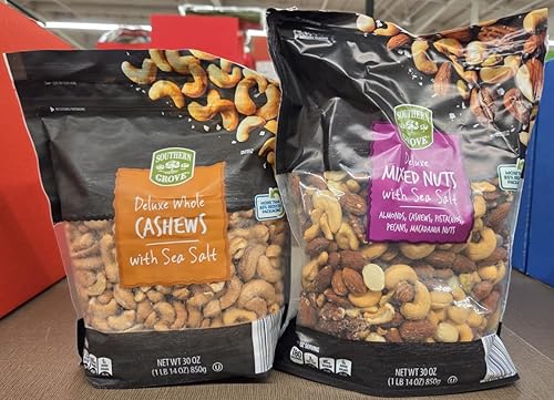 Southern Grove Nueces mixtas de lujo con sal marina y anacardos enteros de lujo sin sal (dos recipientes)