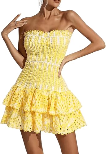 Womens Summer Sexy Strapless Mini Dress Vintage Cutout Ruffles A-Line Dresses,Holiday Party&Beach Y2K Clothes