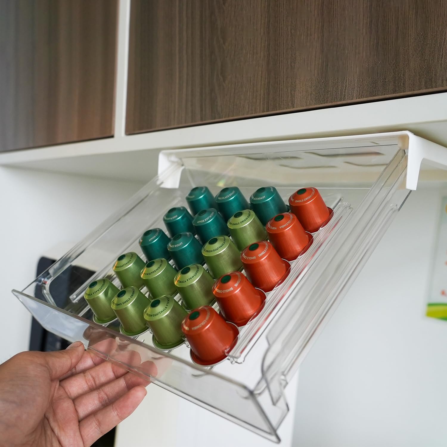 Under Cabinet Coffee Pod Drawer, 30 Pod Capacity, Compatible with Nespresso, Adhesive Sliding Storage Organizer