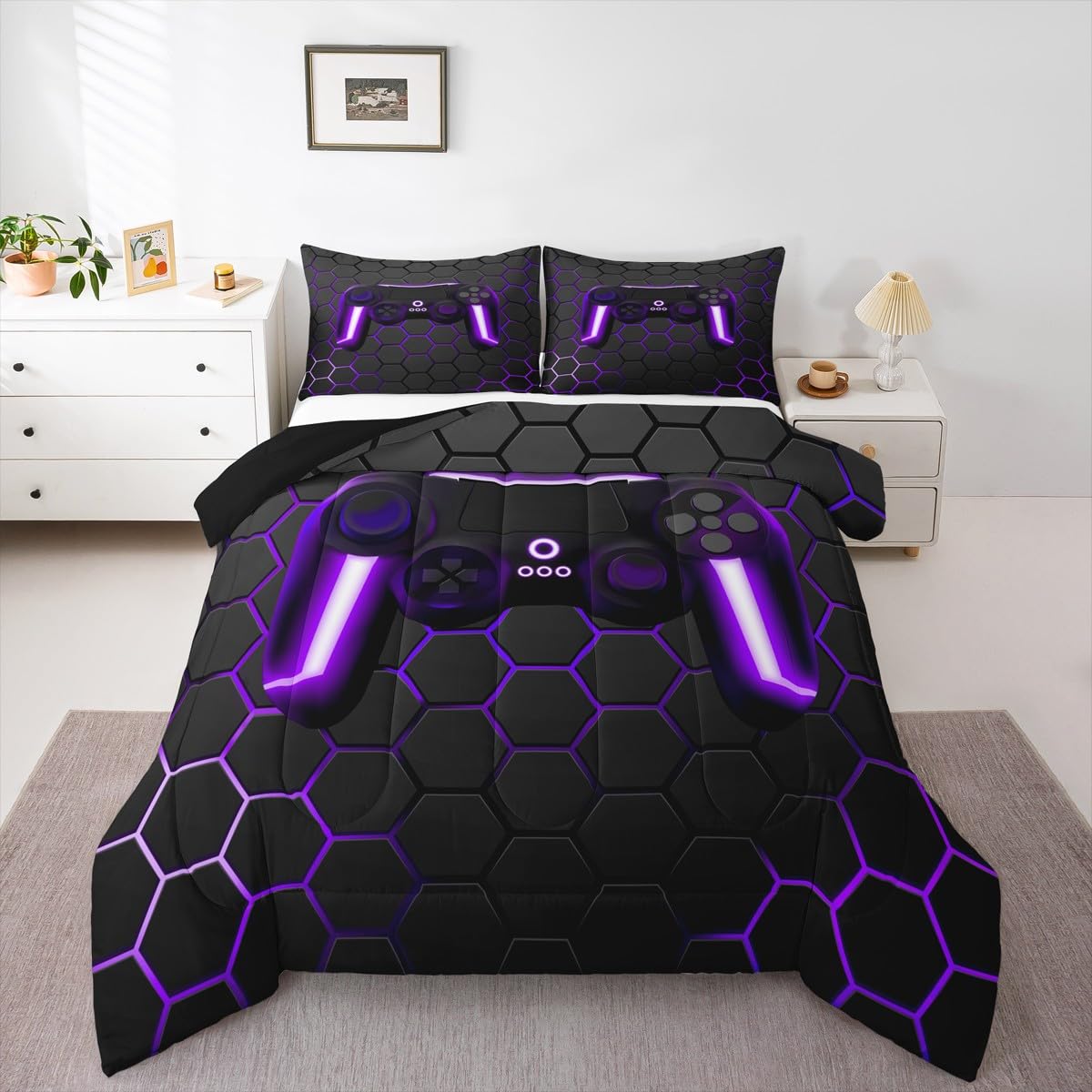Game Bedding Sets For Boys,Gaming Comforter Set Twin,Kids Gamer Duvet Set Neon Lights Gamepad Bed Set For Teen Men Bedroom,Geometry Honeycomb Hexagon Reversible Comforter With 1 Pillow cover,Purple-image-11