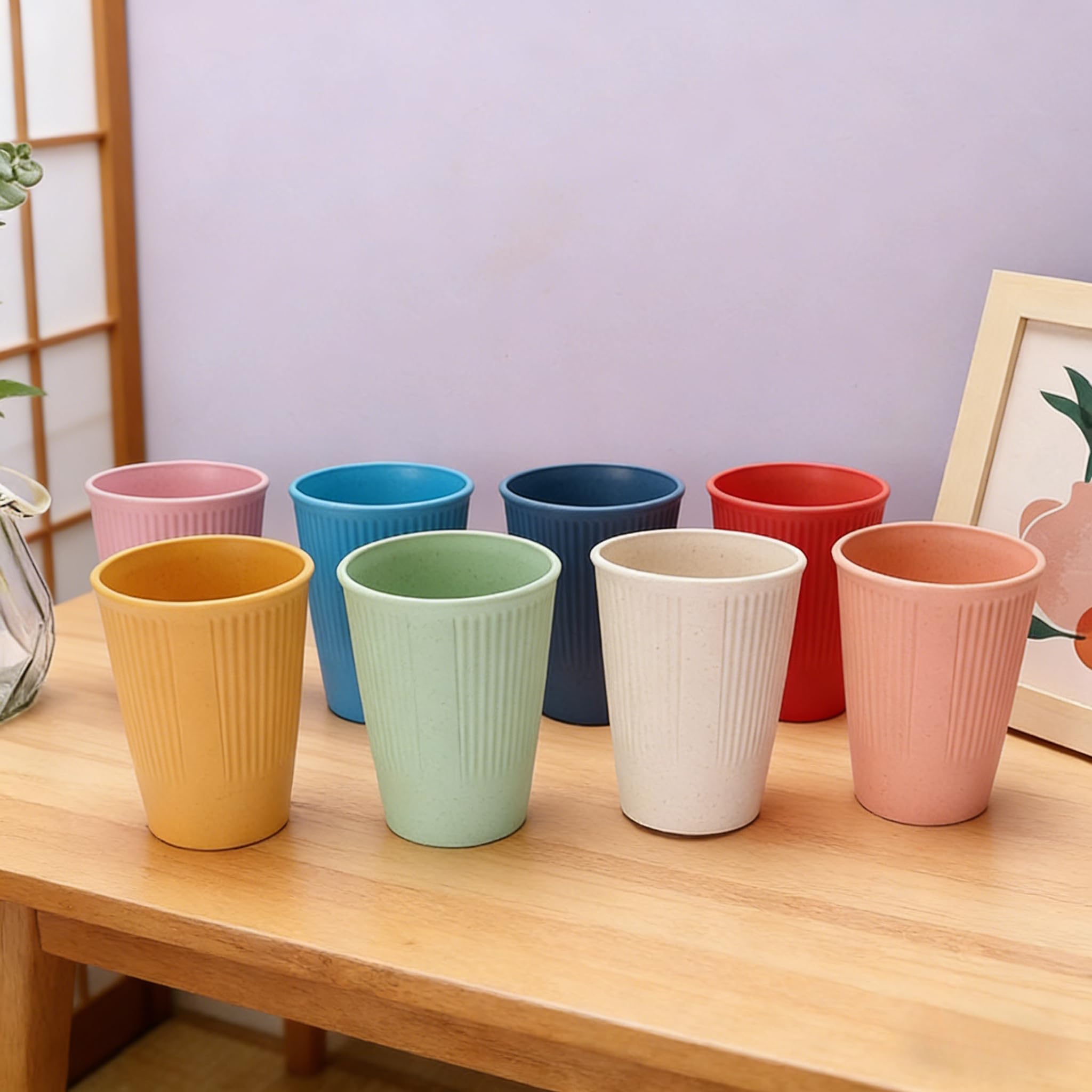 8-Pack Water Cup Sets, Wheat Straw Drinking Glasses Cups 12oz Unbreakable Cups, Stackable Cups for Kitchen,Camping