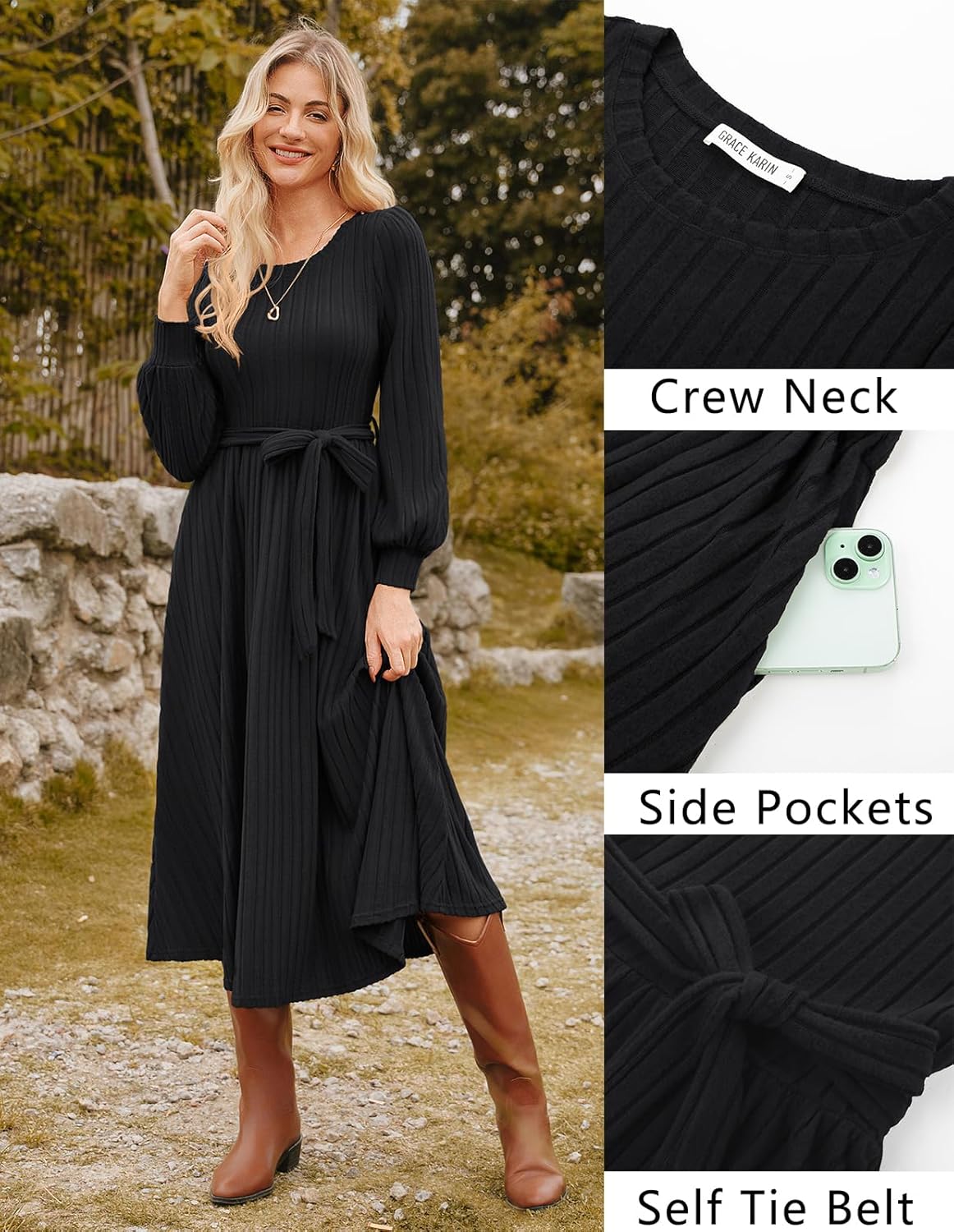 GRACE KARIN Casual Long Sleeve Dress 2025 A Line, Fall Sweater Dresses Ribbed, Crew Neck Midi Dress with Pocket - Image 2