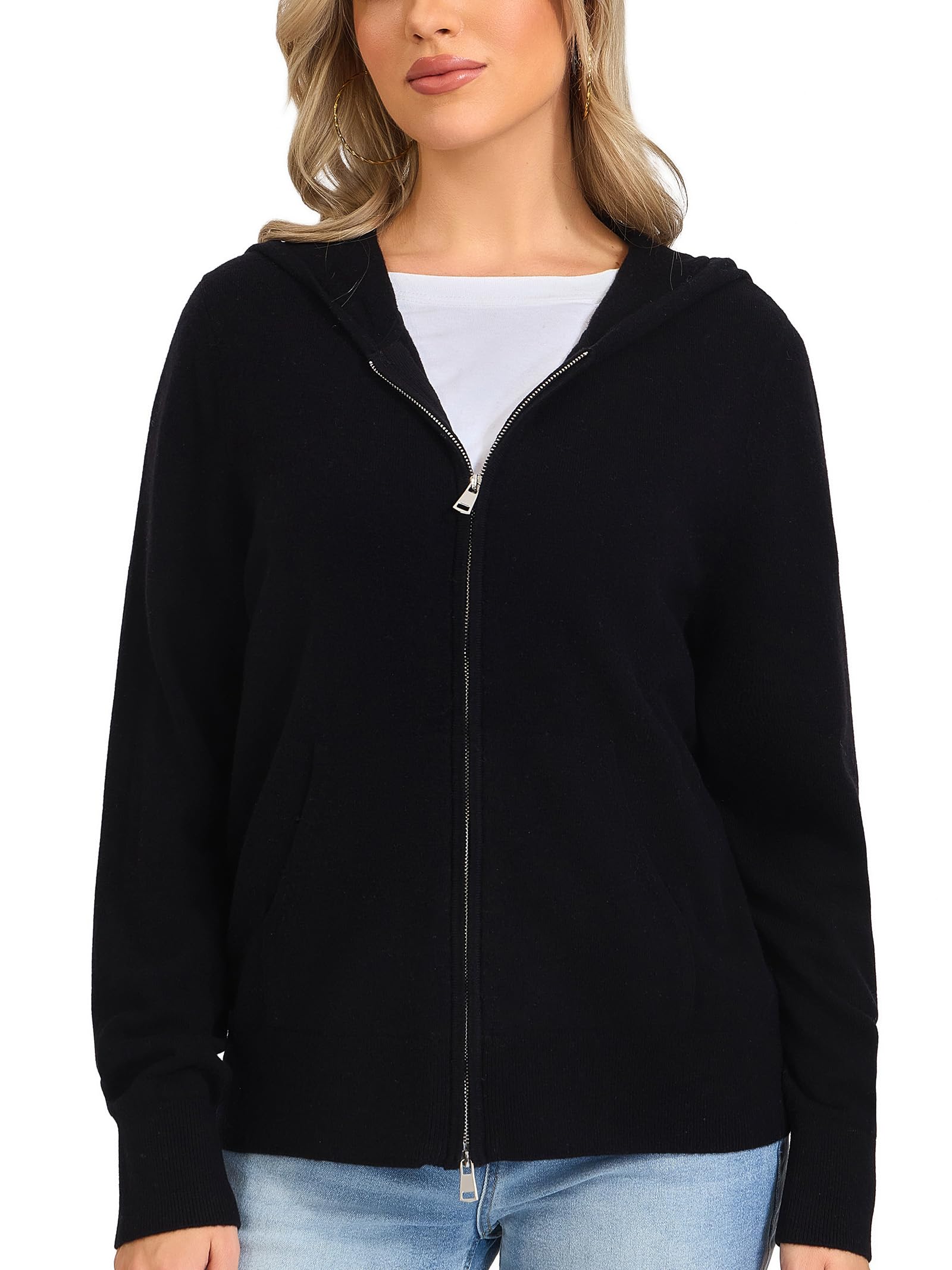 VETLURY Damen 100% Merinowoll Sweatjacke mit Kapuze | Strickjacke,elegant,Hoodie,Reißverschluss,Kapuze,Langarm,Warm,Weich,Atmungsaktiv,Herbst,Winter,Casual,Sportlich