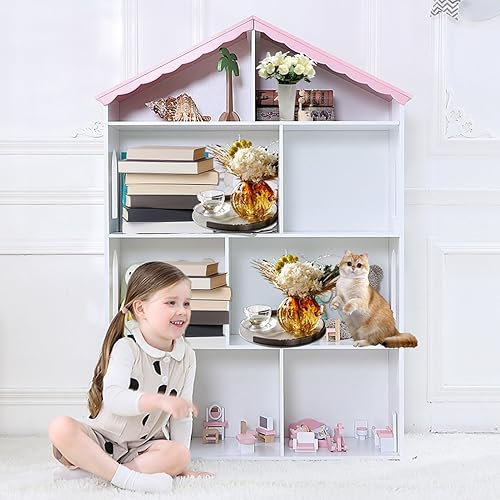 Miniatura 7 de Estantería para casa de muñecas para niños, estante de almacenamiento de MDF blanco de 4 niveles con techo rosa, ventanas decorativas, organizador