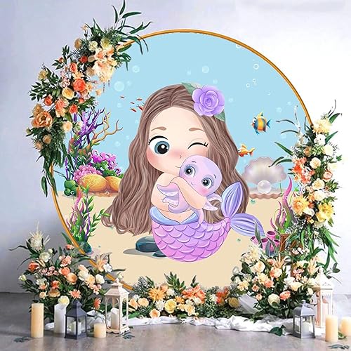Miniatura 5 de AWERT Telón de fondo redondo de poliéster de 5 pies de diámetro con tema de sirena oceánica para fotografía de niña, princesa, fiesta de primer y