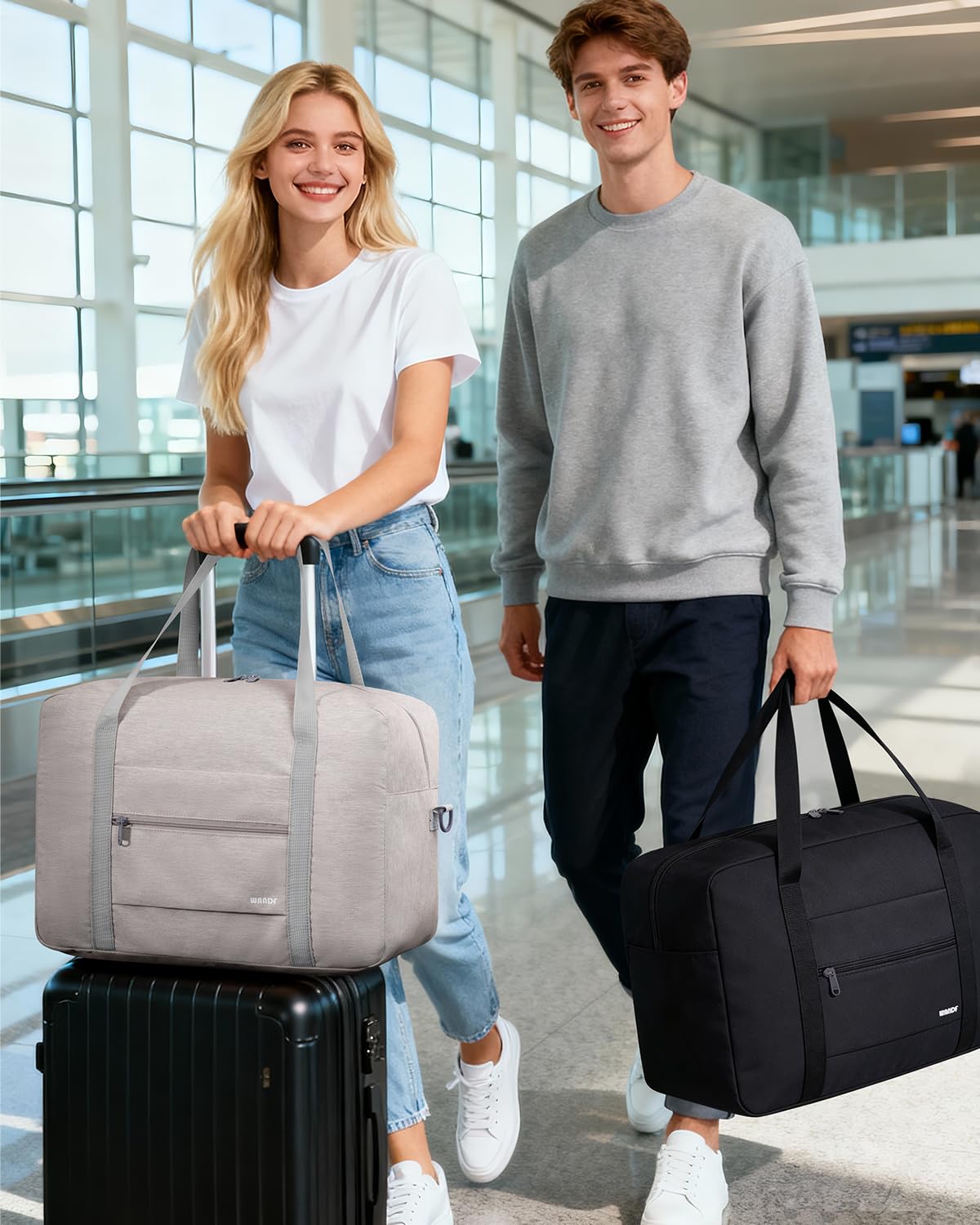 WANDF Bagaż Podręczny do Samolotu Składany Ryanair 40x20x25cm Torba Sportowa, Szpitalna, Weekendowa (Denim Beżowy 20l z Paskiem na Ramię)