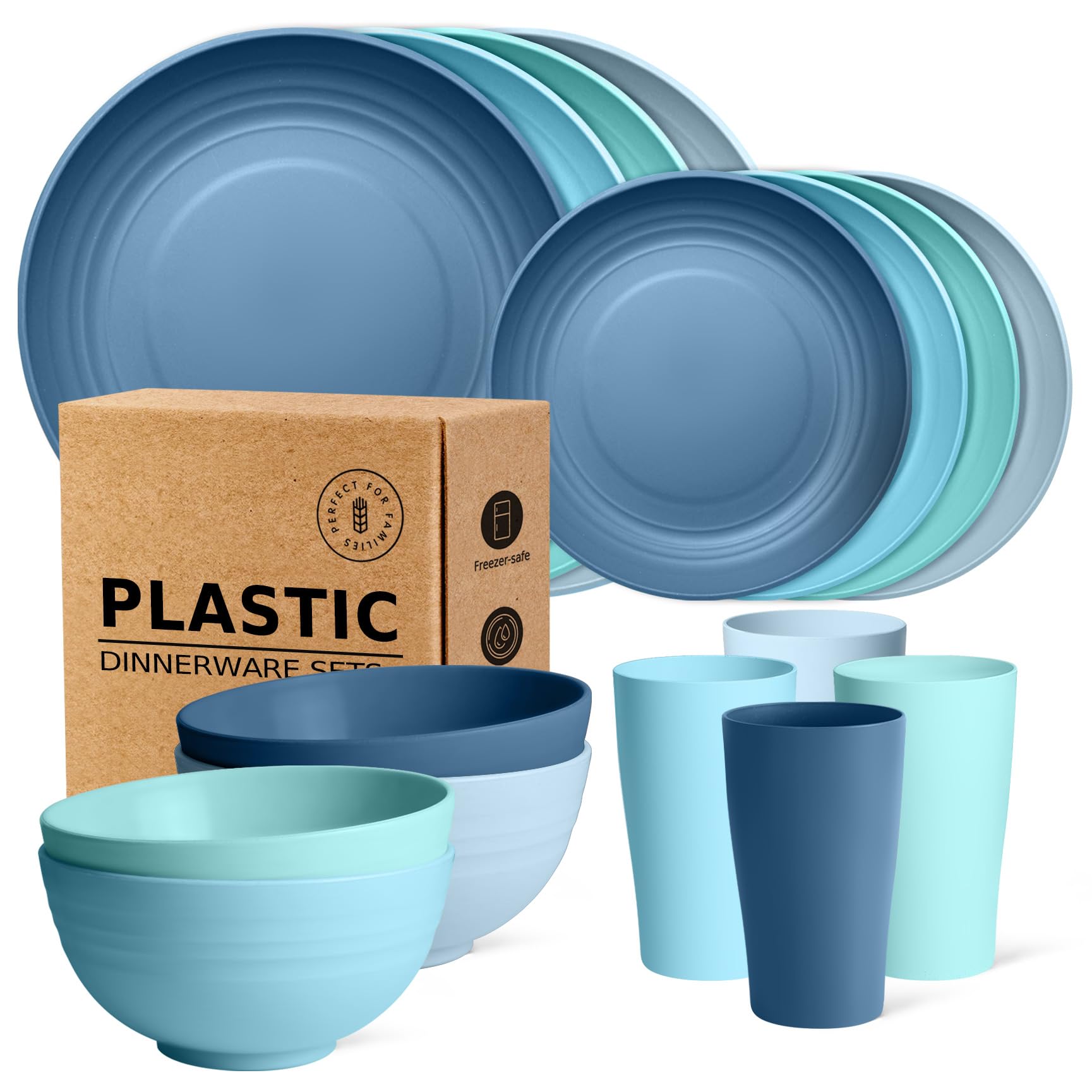 Teivio 16-Piece Kitchen Plastic Dinner Set, Service for 4, Dinner Plates, Dessert Plates, Cereal Bowls, Cups, Unbreakable Plastic Plates and Bowls Set, Outdoor Camping Dishes, Ocean