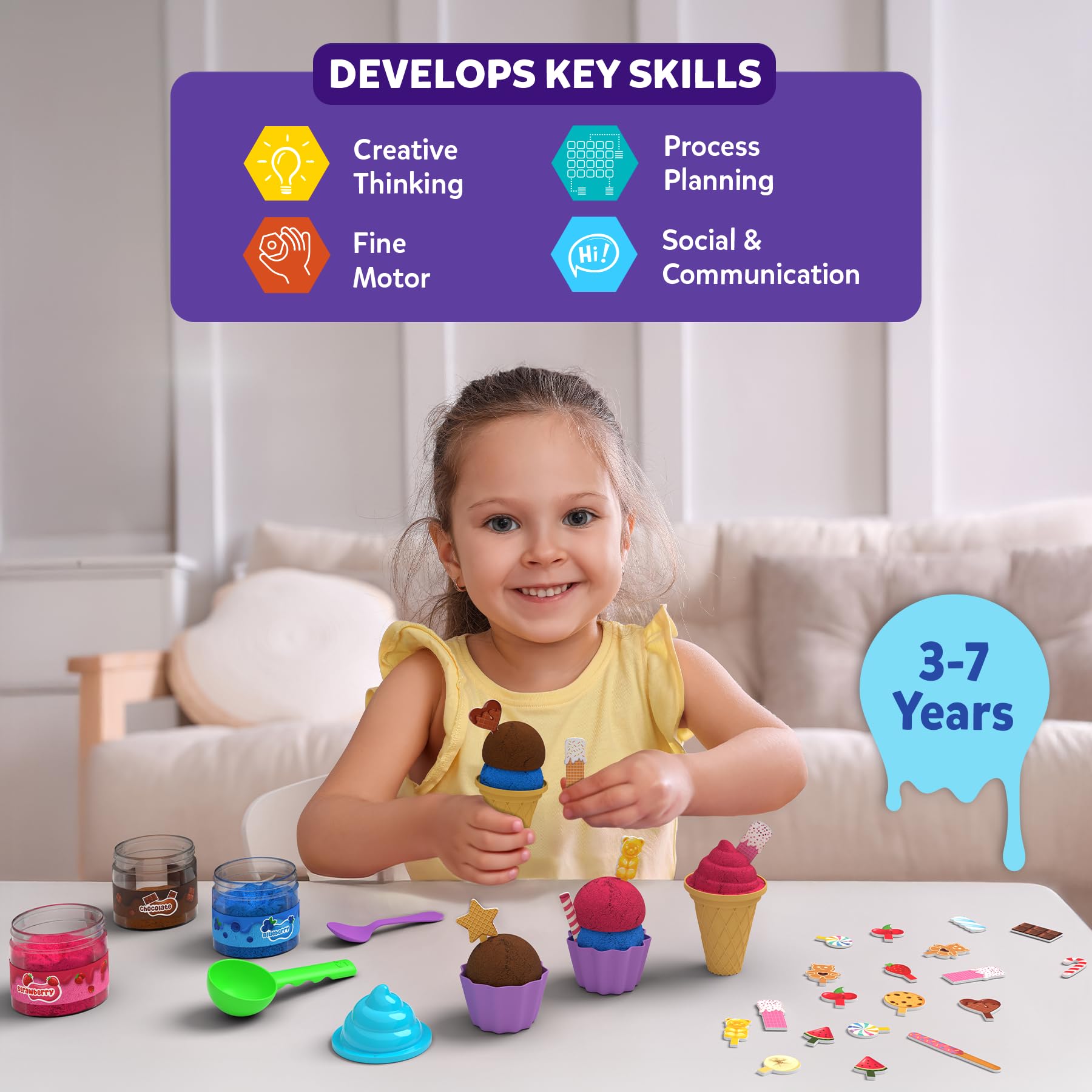 Skillmatics Sandeezy Pretend Play Ice Cream Parlour Set – Sand Playset with Moulds, Tools & Toppings, Sensory Toy for Kids, Non-Toxic, Mess-Free, Creative Indoor Activity Ages 3, 4, 5, 6, 7 - Image 7 thumbnail