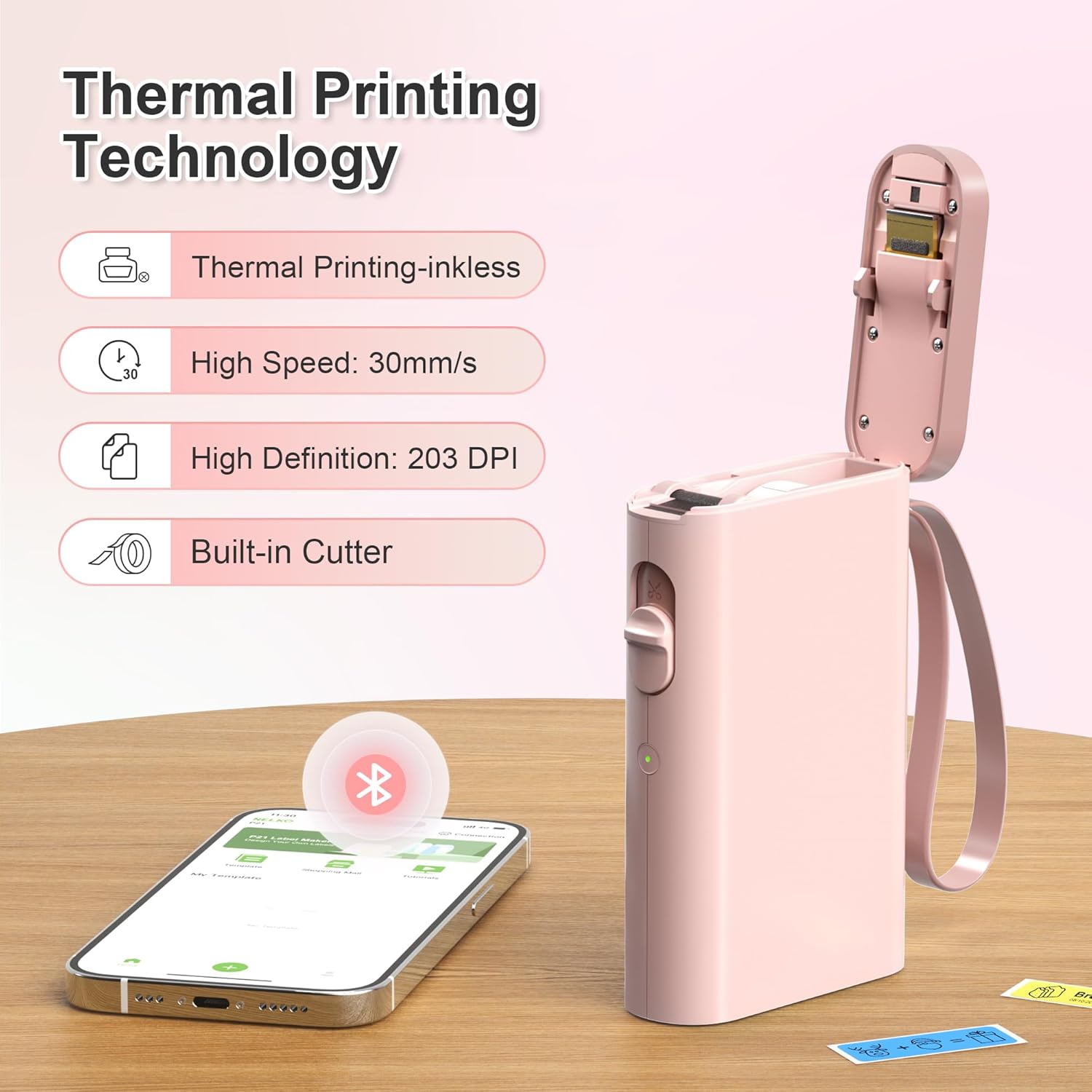Nelko Pink Label Maker Machine with Tape, P21 Thermal Label Printer, Adapted Label Print Paper, 14x40mm (0.55"x1.57"), 180 Tapes/Roll, 3 Rolls, Blue/Yellow/Pink